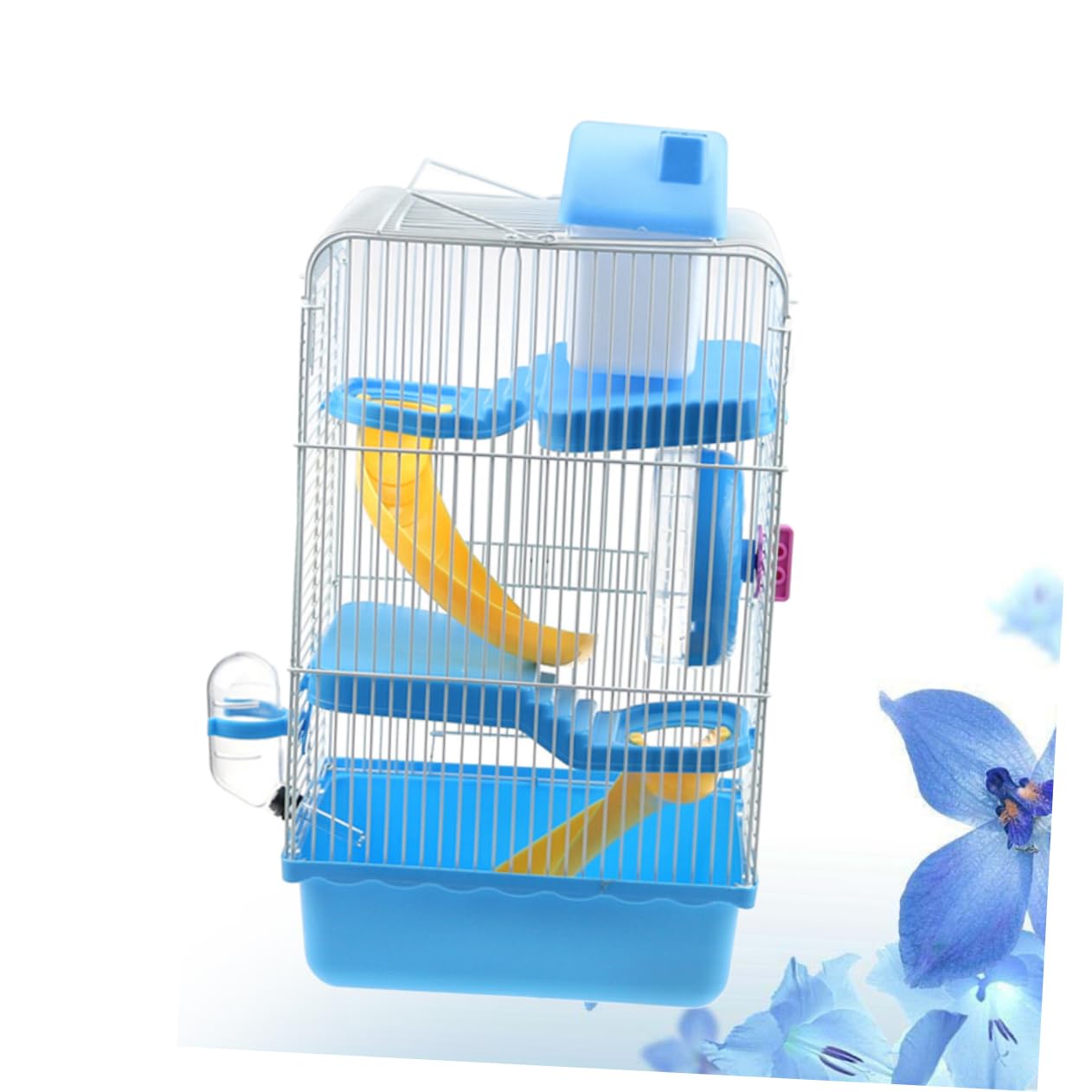 Gabbia per Criceti a Tre Livelli Ruota e Beverino Blu | Pp e Filo di Ferro, Struttura a Scivolo Multilivello, 23×17×45cm per Cincillà e Piccoli Animali