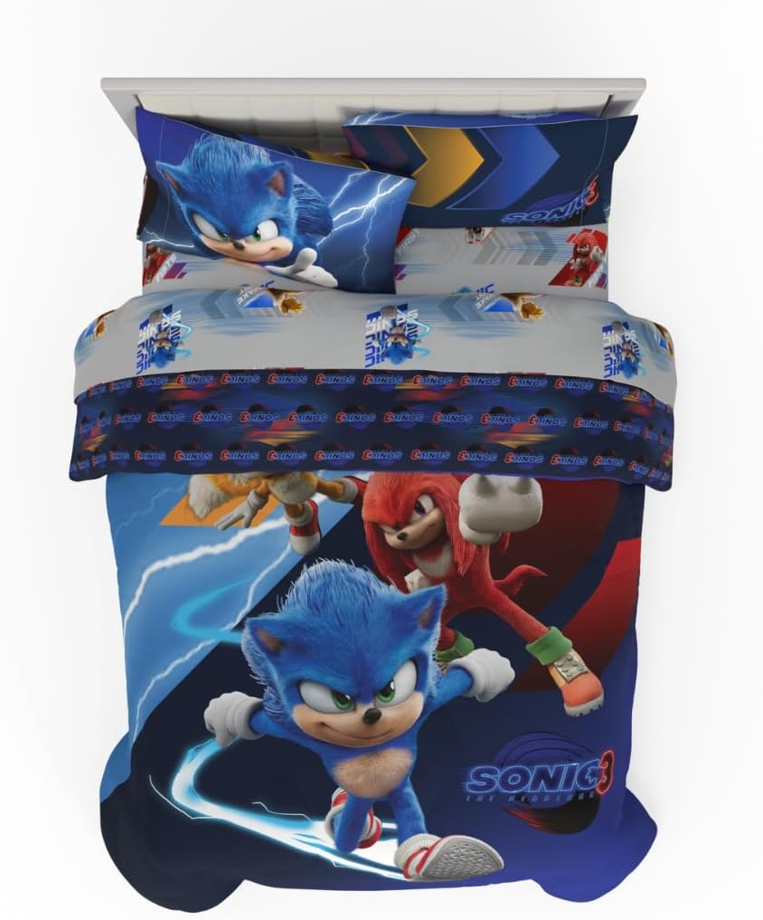 Franco Comforter and Sheet Set, Microfiber, Sonic The Hedgehog 3, 5 Piece Full Size