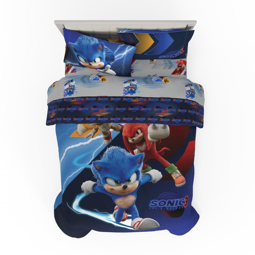 Franco Sonic The Hedgehog 3 Movie Kids Bedding Super Soft Comforter and Sheet Set, 5 Piece Full Size, (Officially Licensed Product)