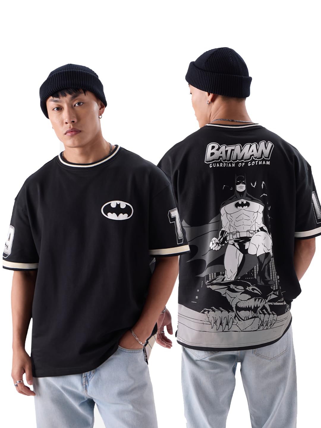 the souled store Batman: Guardian of Gotham Men and Boys Short Sleeve Round Neck Black Graphic Print Oversized Fit T-Shirts Oversized T Shirts for Men Cotton Casual Half Sleeves Baggy Loose Fit Drop-picture-32