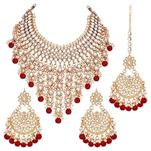 Aheli Elegant Indian Wedding Wear Faux Kundan Studded Choker Necklace with Maang Tikka Set Ethnic Fashion Jewelry for Women (Maroon Kundan & Pearl Drop)