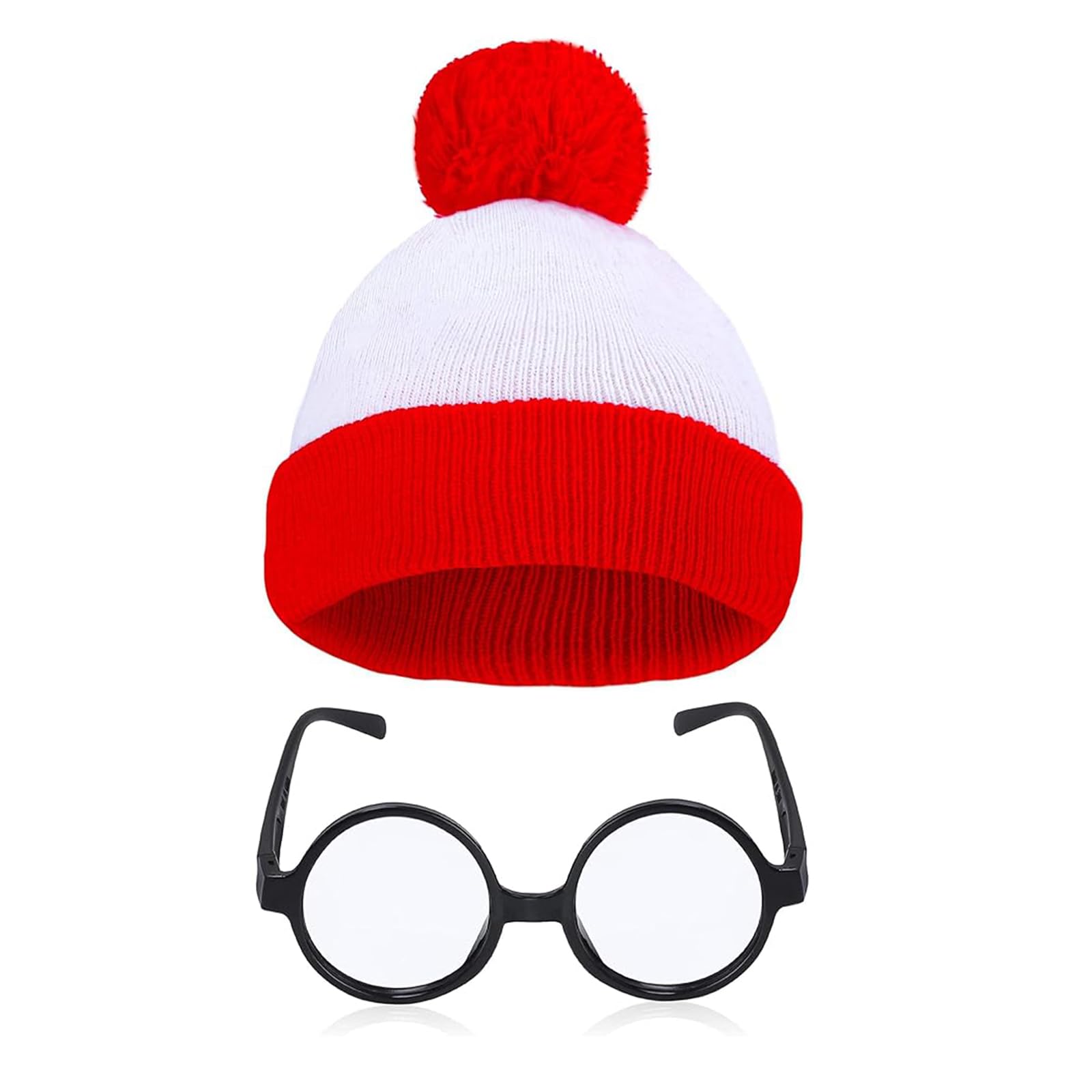 TXUJZP Adult Red White Knitted Beanie Hat, Black Nerd Glasses, World Book Day Costume, Unisex Fancy Dress for Halloween, Theme Parties, Cosplay