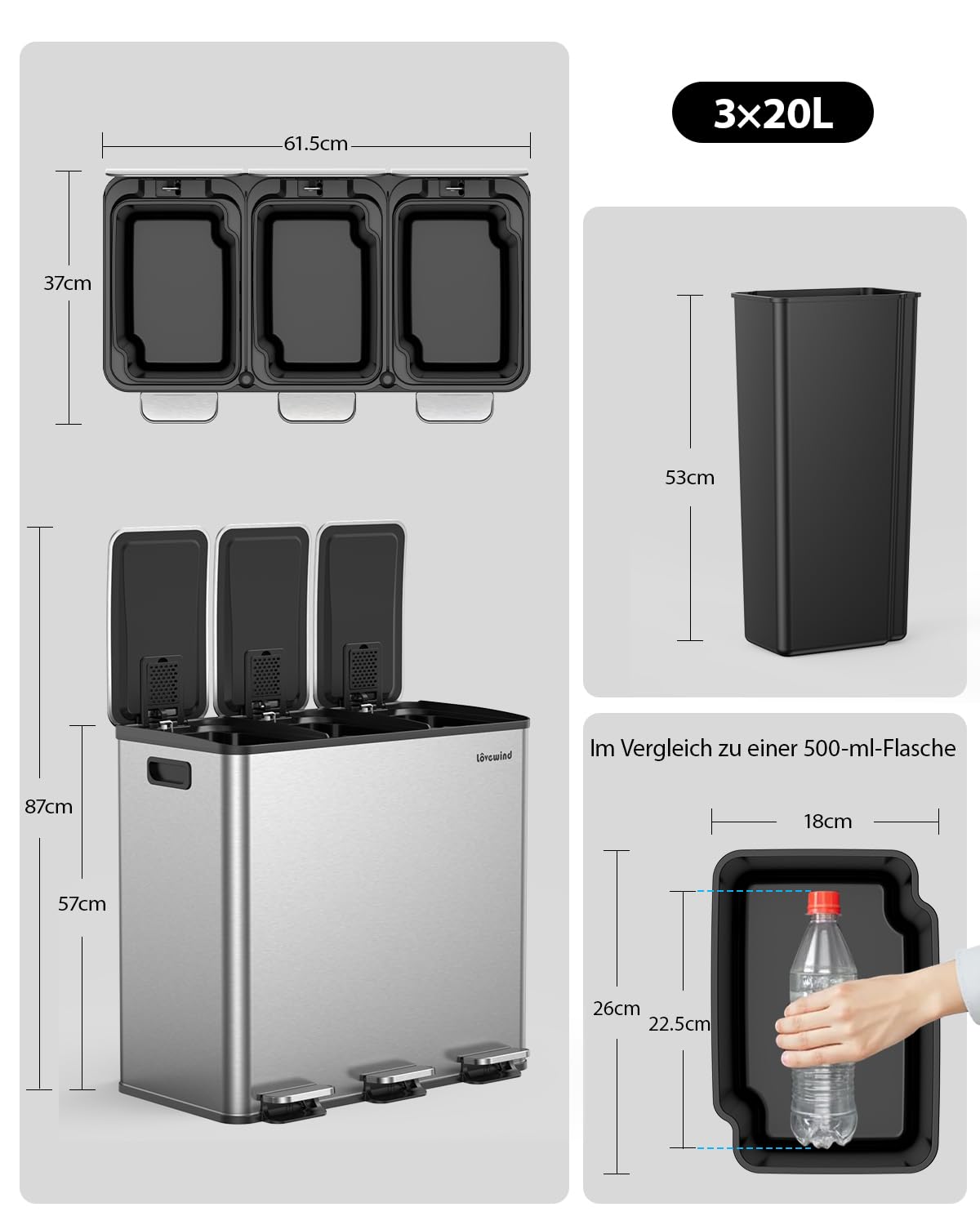lovewind Mülleimer Küche,Mülleimer 3 Fächer,60L Mülltrennsystem, 3 x 20L, Tretmülleimer mit Deckel und Inneneimern, Stahl, Magnetisches Etikett,Soft-Close-Deckel,Silber