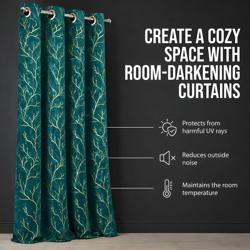 Image of Bilji Pattern Velvet 11 Feet Blackout Curtain Panels, 70% Light-Blocking Heavy Thermal Insulated Drapes Golden Foil Set of 1 (335 * 121cm, Sea Green)
