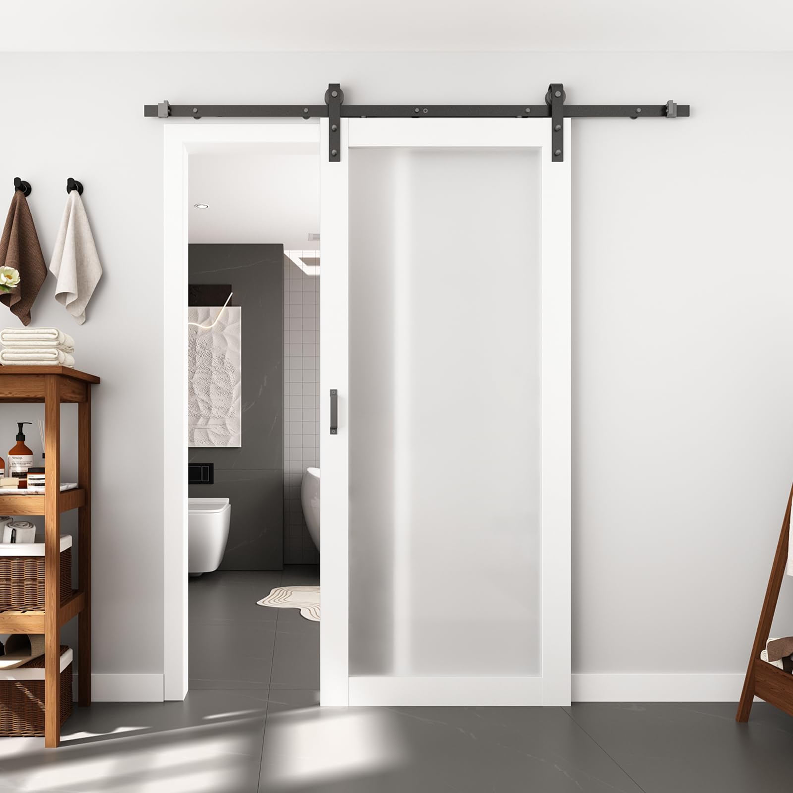 Photo 1 of BARNSMITH 36in x 84in 1-Lite Frosted Glass White Barn Door with 6.6FT Sliding Door Hardware Kit Included, Tempered Glass Solid Wood Barn Door Water-Proof PVC Surface,No Assembly Required