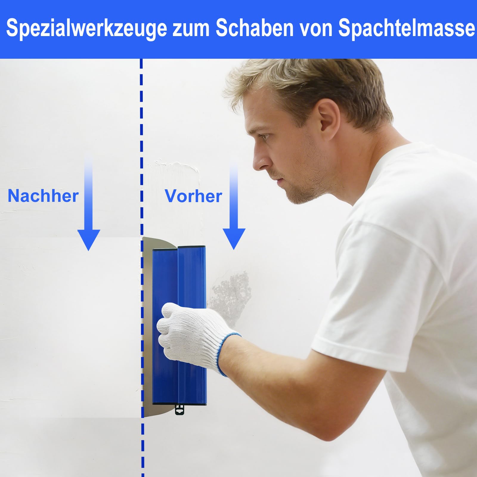 Spatola per superfici da 40 cm, in acciaio inox, lama liscia (0,45 mm) con protezione lama, strumento per grandi aree di lavoro, decorazione da parete, blu | Set di spatole professionali per superfici