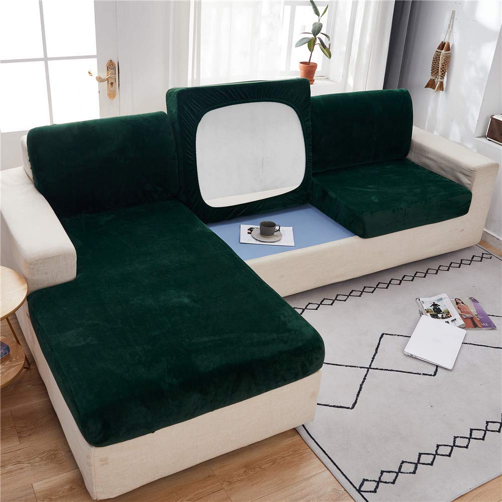 Sofa Seat Cushion Covers Velvet, Sofa Cushion Slipcovers Replacement, Couch Cushion Covers Thick Stretch for Individual Cushions (Green,Large 4-seater)