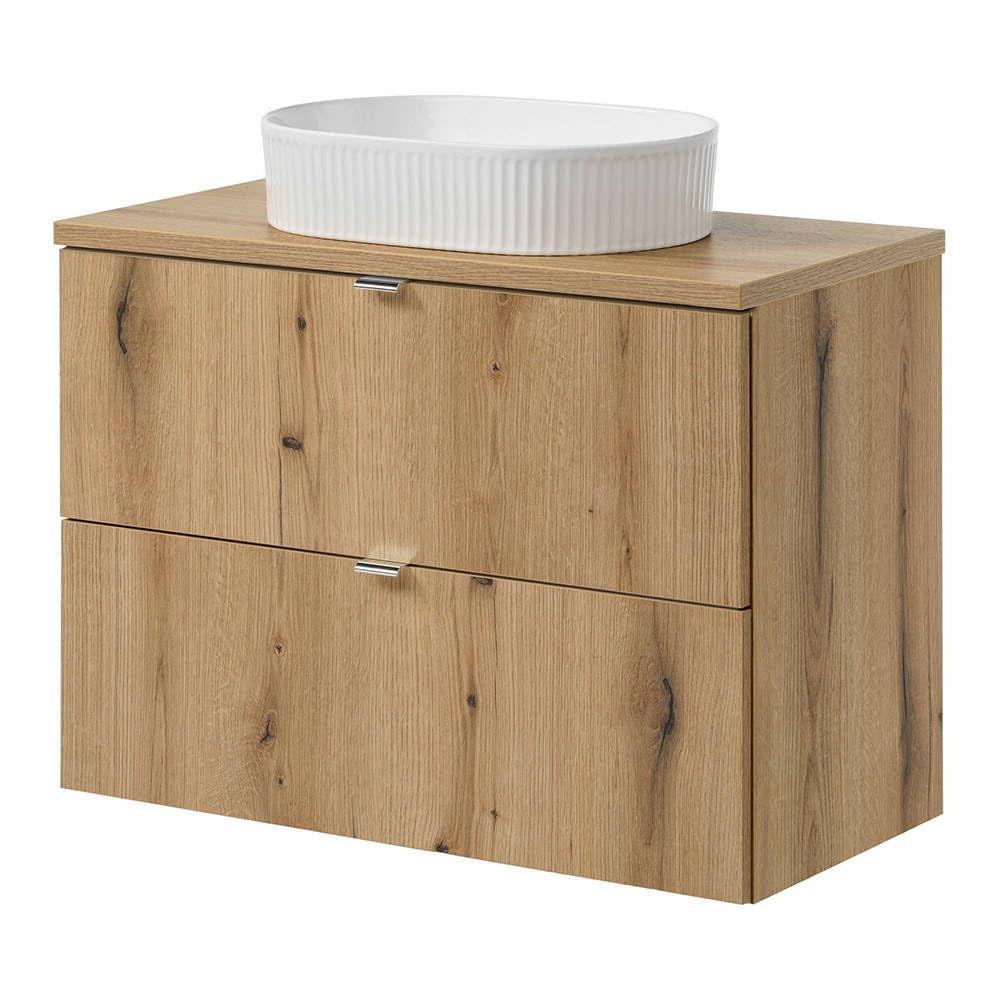 [en.casa] Mueble de Baño con Lavabo Newport Armario Baño con 2 Cajones + Encimera de 80 cm + Lavabo de Cerámica Instalación Mural 80x71x40 cm MDF - Efecto Roble/Blanco