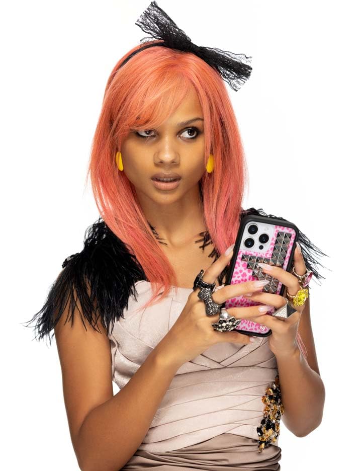 Image of Wildflower Cases - Compatible with iPhone 16 Pro Max | Protective Black Bumper, 6.5ft Drop Test Certified, Women Owned Small Business | Leopard Original Silver | Stud Pyramid Collection - Pink Meow