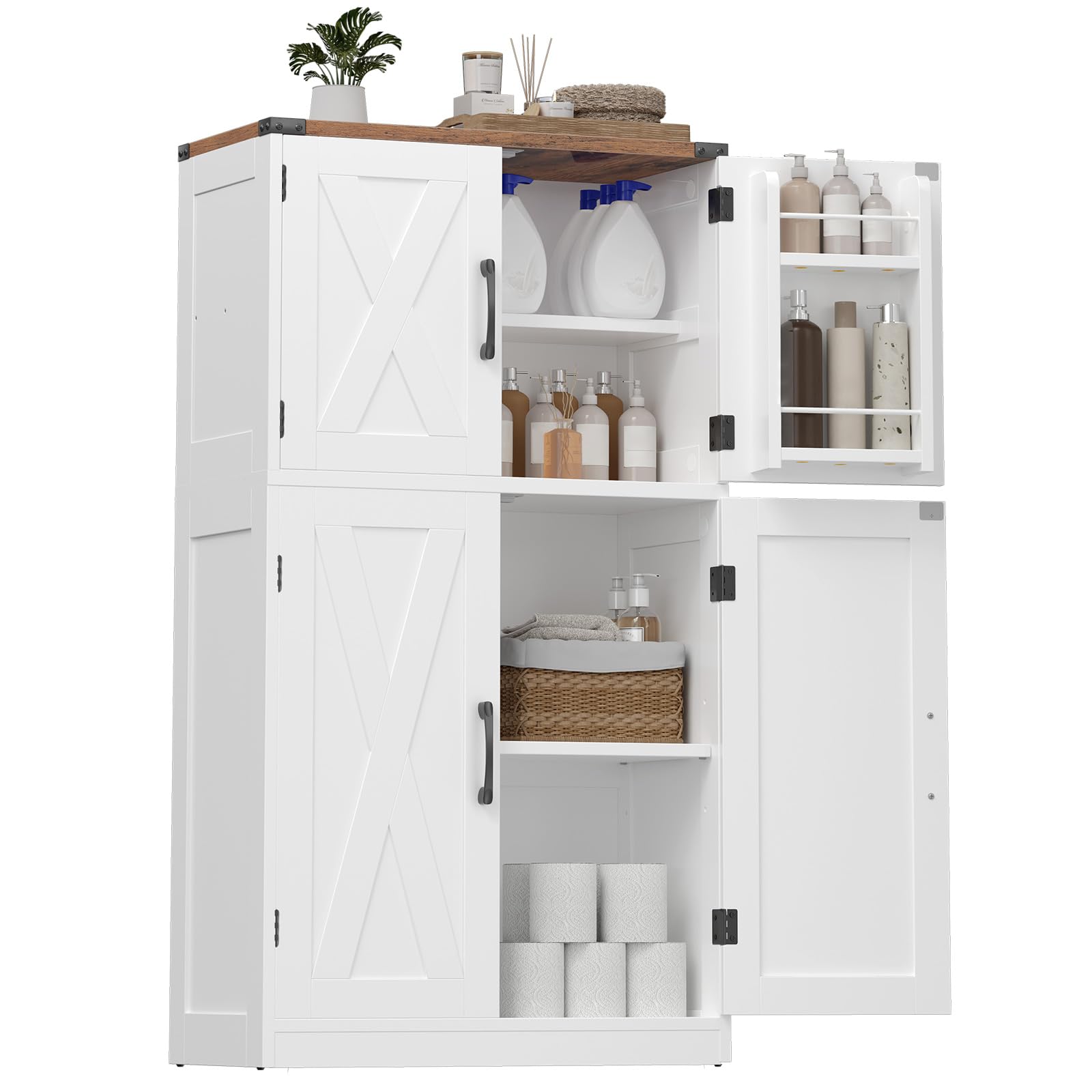 HOOBRO Bathroom Storage Cabinet, Farmhouse Freestanding Floor Cabinet with 2 Extra Hidden Storage Doors, Adjustable Shelves, Large Capacity, Easy