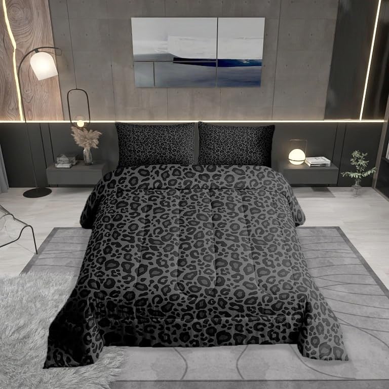 Castle Fairy Leopard Print 3 Pcs King Size Comforter Set,African Cheetah Wildlife Down Alternative Adults Bedroom Decor,Gray Wild Animal Skin Ultra Soft Microfiber Inner Fill 3Pcs BeddingOEKO-TEX STANDARD 100