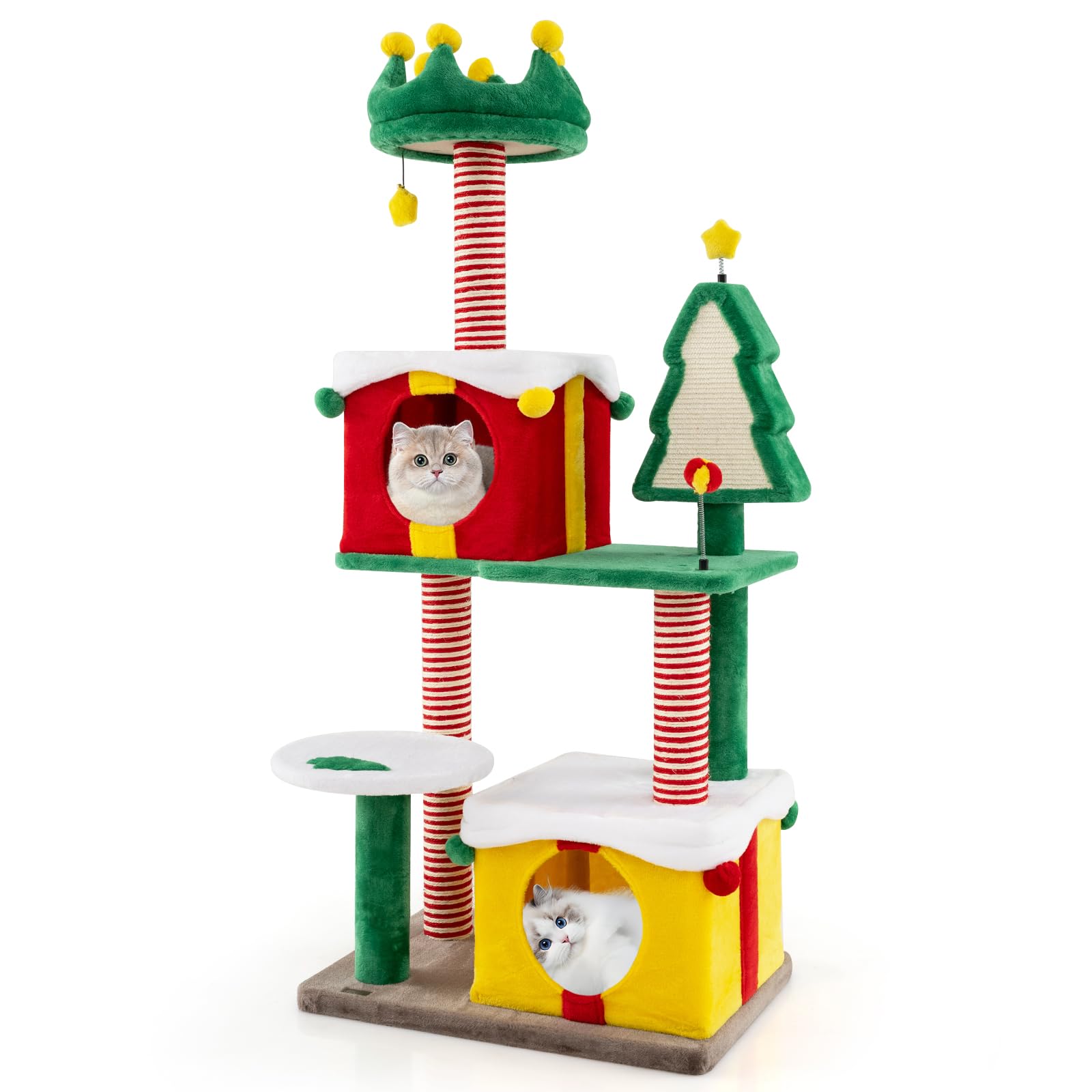 COSTWAY 155cm Cat Tree, Christmas Tree Shape Cats Climbing Tower with Sisal Scratching Posts & Carpet, 2 Condos, Spring Toy, Multi-Level Kitten Activity Trees for Indoor
