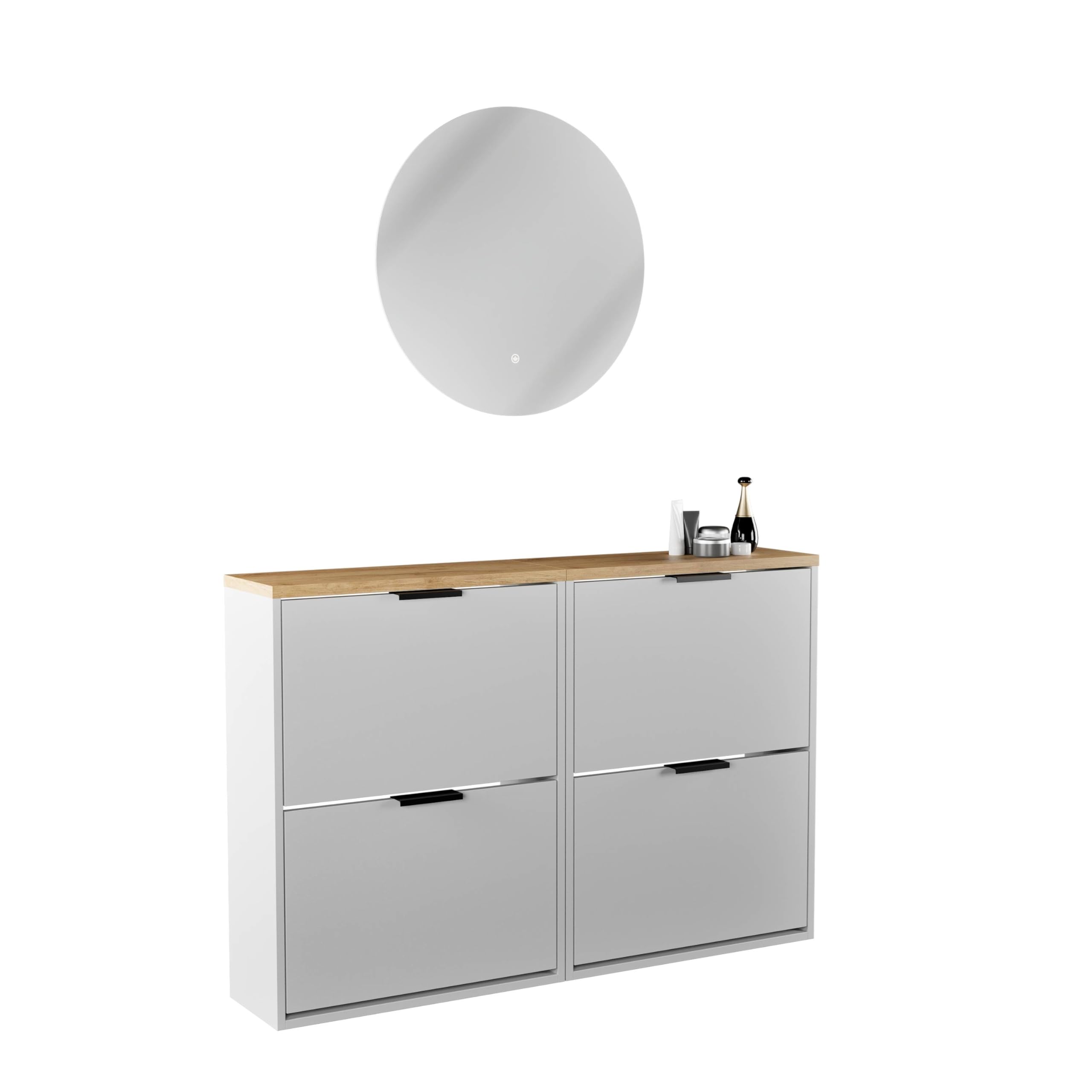 Planetmöbel 2 zapateros estrechos con espejo redondo con iluminación de 60 cm (2 niveles de luz), zapatero con 2 solapas, zapatero con 4 estantes, juego de perchero, 60 x 23 x 80,5 cm, color blanco y