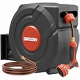3rd Generation Retractable Garden Hose 130 ft x 1/2 inch Heavy Duty Wall-Mounted Hose Reels for Outside 180° Swivel Automatic Slow Return Any Length Lock 9 Pattern Nozzle UV Resistant (Black)