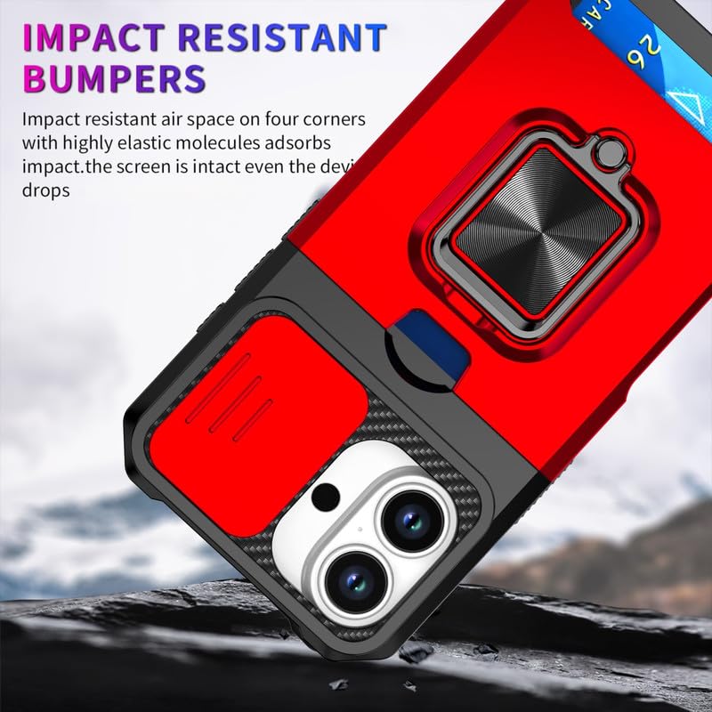 Image of LuxuryKase Shockproof Armor Case for iPhone 17 | Slide Camera Cover | Hidden Card Slot | Rotating Ring Kickstand | Magnetic Car Mount Support | Military Grade Protection - Red