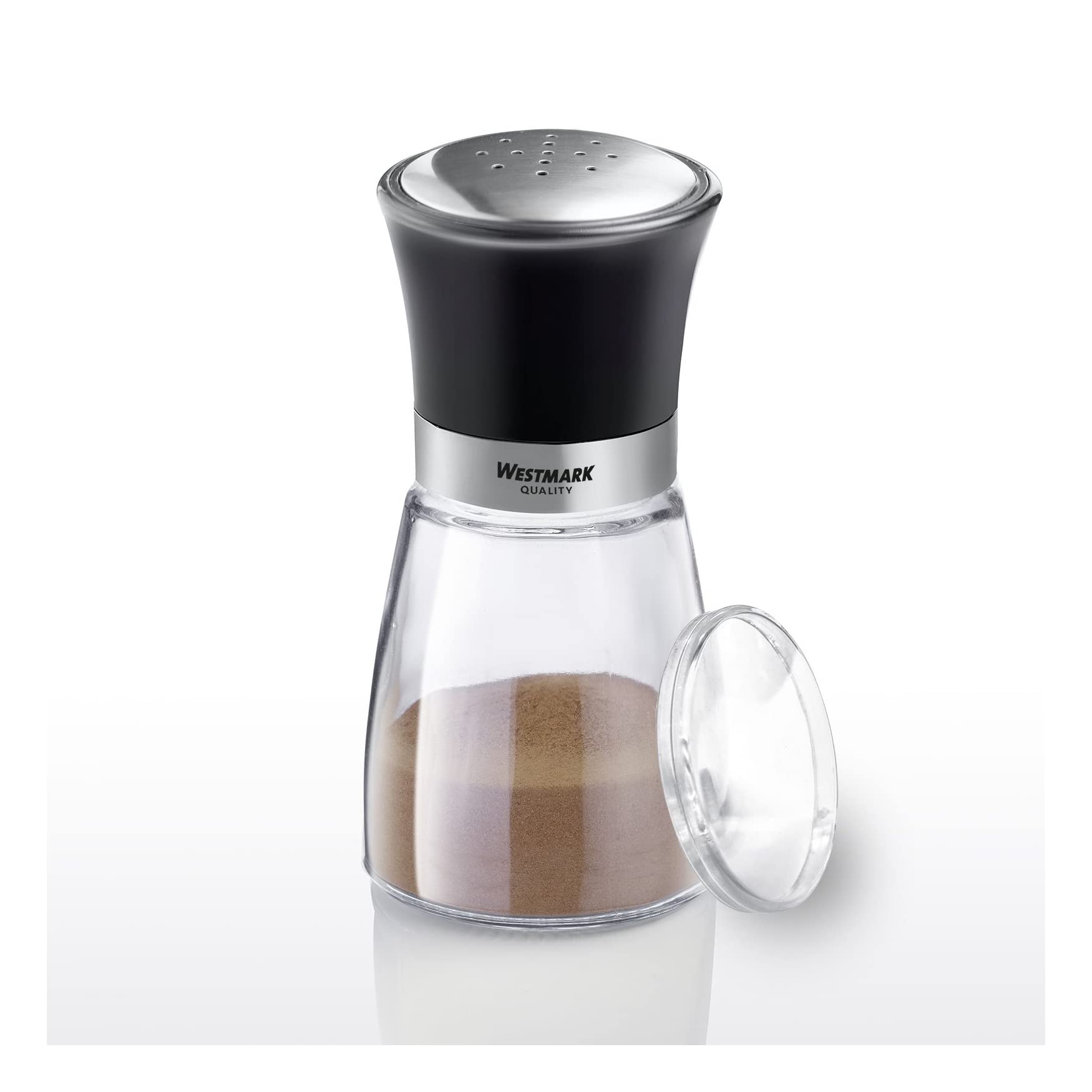 Westmark 63502260 Pot à épices avec couvercle aromatique, perforation fine, capacité : 190 ml, verre/acier inoxydable/plastique, Blacky, transparent/noir/argenté
