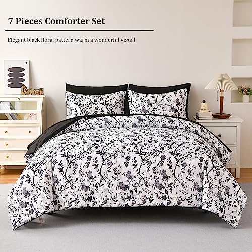 Image of King Size Comforter Set - 7 Pieces Bed in a Bag Soft Microfiber Bedding Comforter Set Leaves Floral Pattern on White Comforter Sets with Sheets for All Seasons (King, Black)