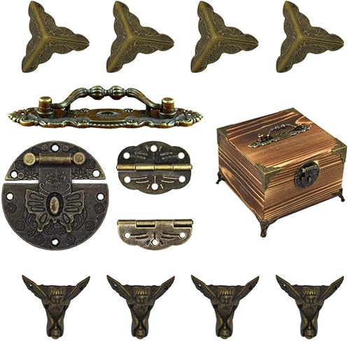 Antiguo cierre cierre bisagras mango caja esquina protectores kit para bricolaje caja de joyería tono bronce
