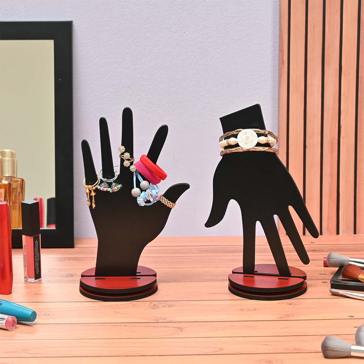 Gift Kya De Engineered Wood Gkd Finger Rings Jewellery Stand Hand Shaped Ring Holder Premium Mannequin Good For Dressing Table Organizer, Bedroom Decor And Display Stand For Shop (Pack Of 2)