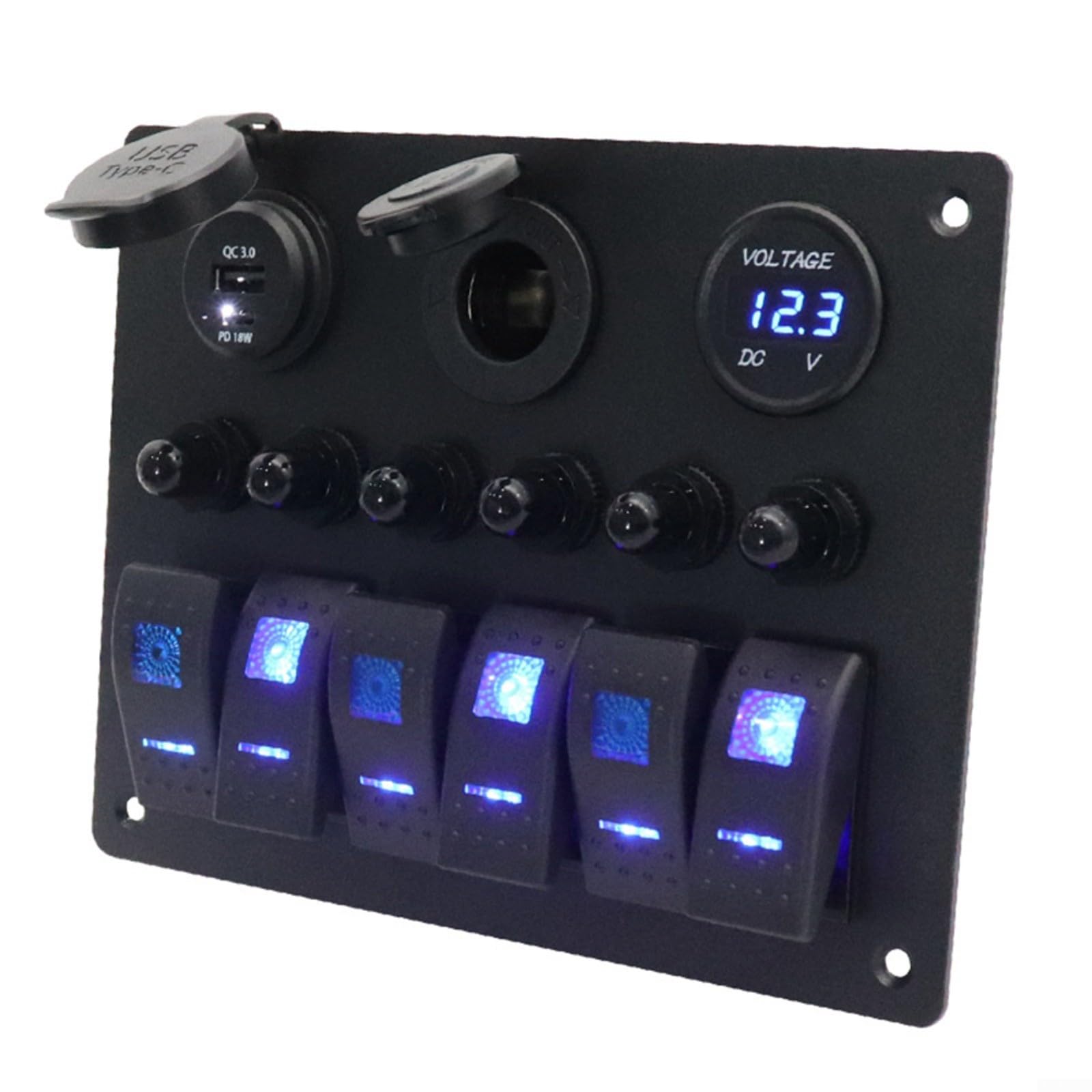Pannello interruttore per camper e yacht, interruttore a levetta a 6 vie con voltmetro e caricatore USB, armadio elettrico in alluminio per rete di bordo 12-24 V