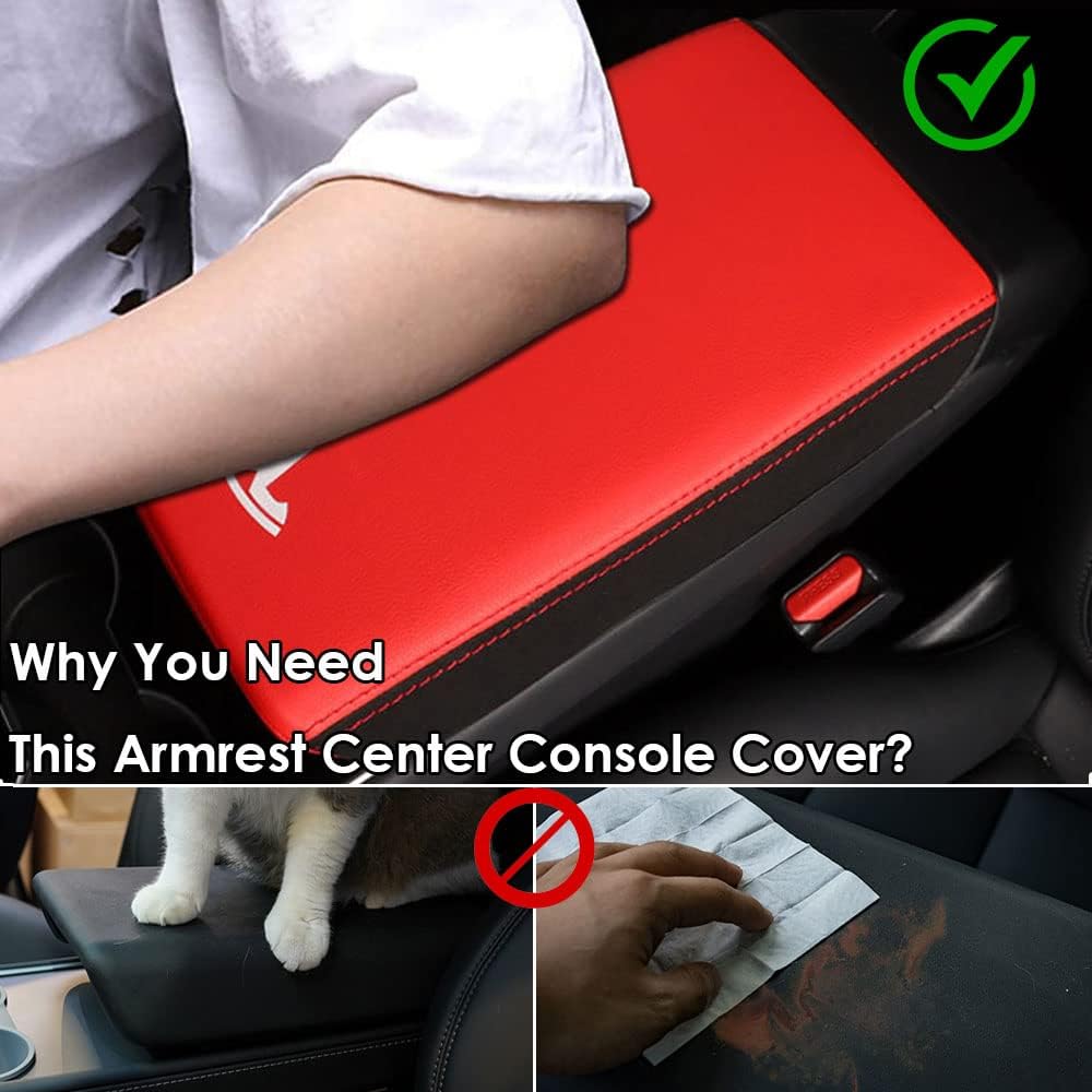 BOYUER for Tesla Model 3 2017-2022, Model Y 2020-2022 Center Console Cover Armrest Leather Pad Cover Automatic Car Interior Decoration Accessories（Red+Black）