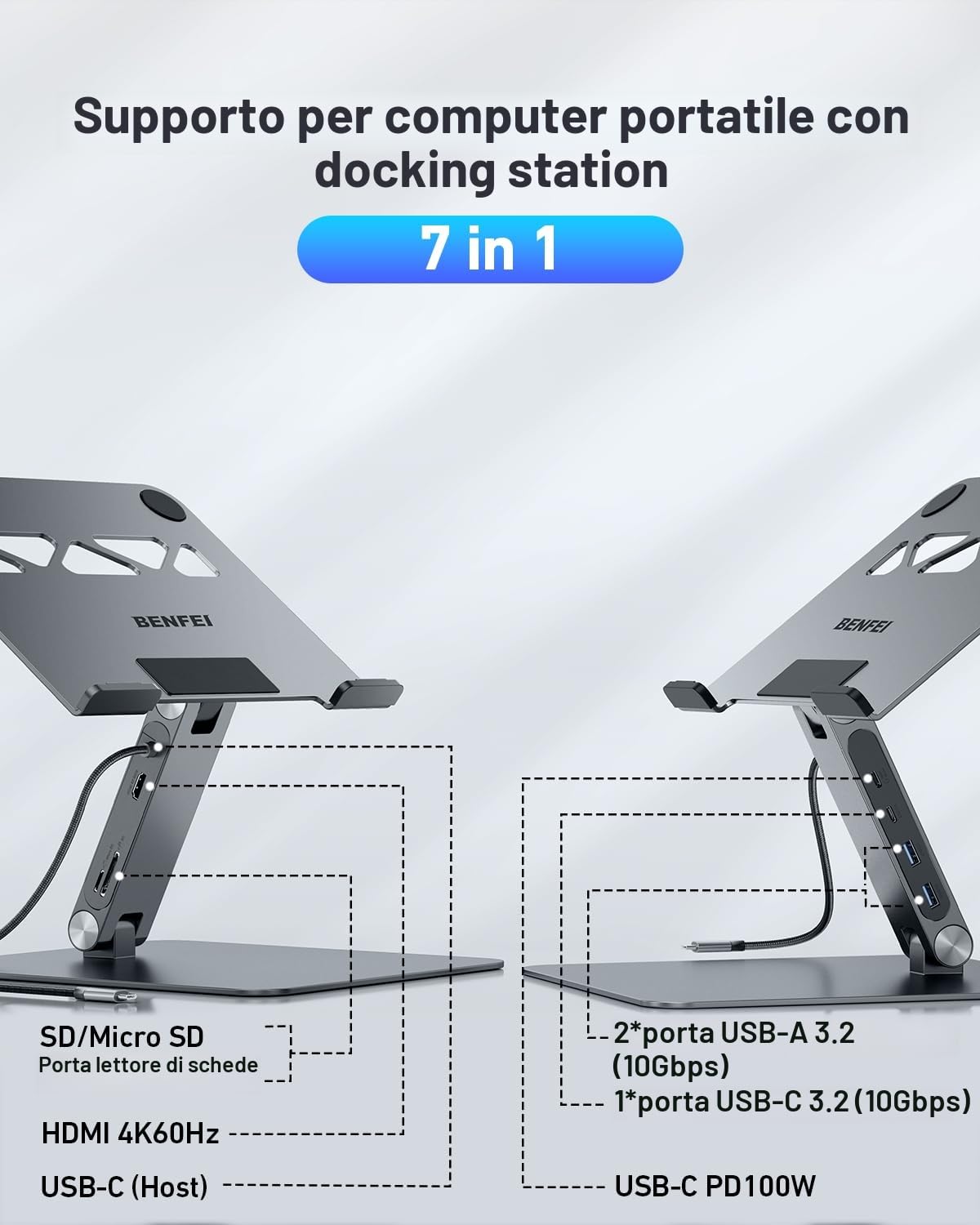 BENFEI Supporto per laptop con docking station USB-C 7in1, HDMI 4K@60Hz, 1*SD 1*Micro SD, 100W Power Delivery, 10Gbps 1*USBC 3.2 e 2*USBA 3.2 Compatibile con MacBook Pro/Air, iPad Pro, XPS, ThinkPad