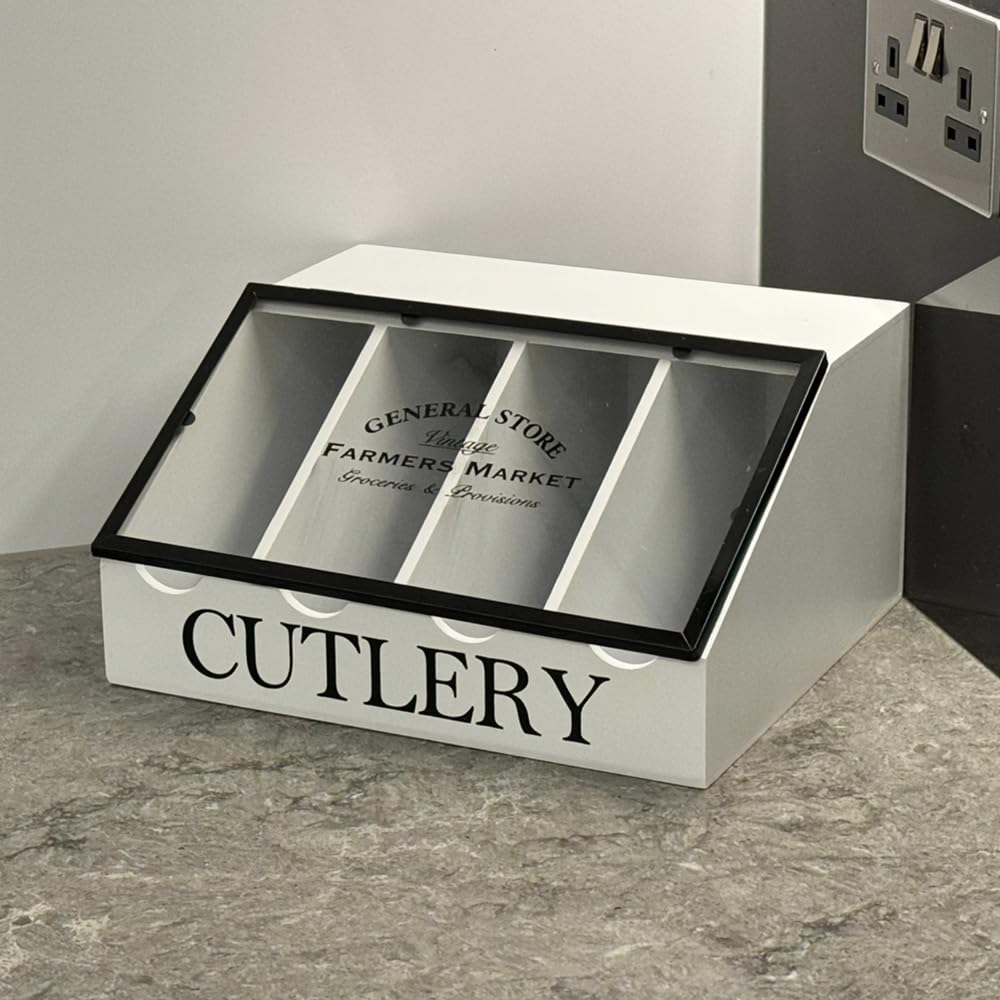 Portaposate In Legno Bianco Chic - 4 Scomparti Con Coperchio A Finestra