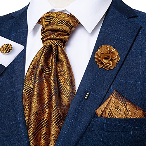 Image of DiBanGu Mens Silk Ascot Ties Paisley Jacquard Woven Cravat and Pocket Square Cufflinks with Lapel Pin for Business Wedding