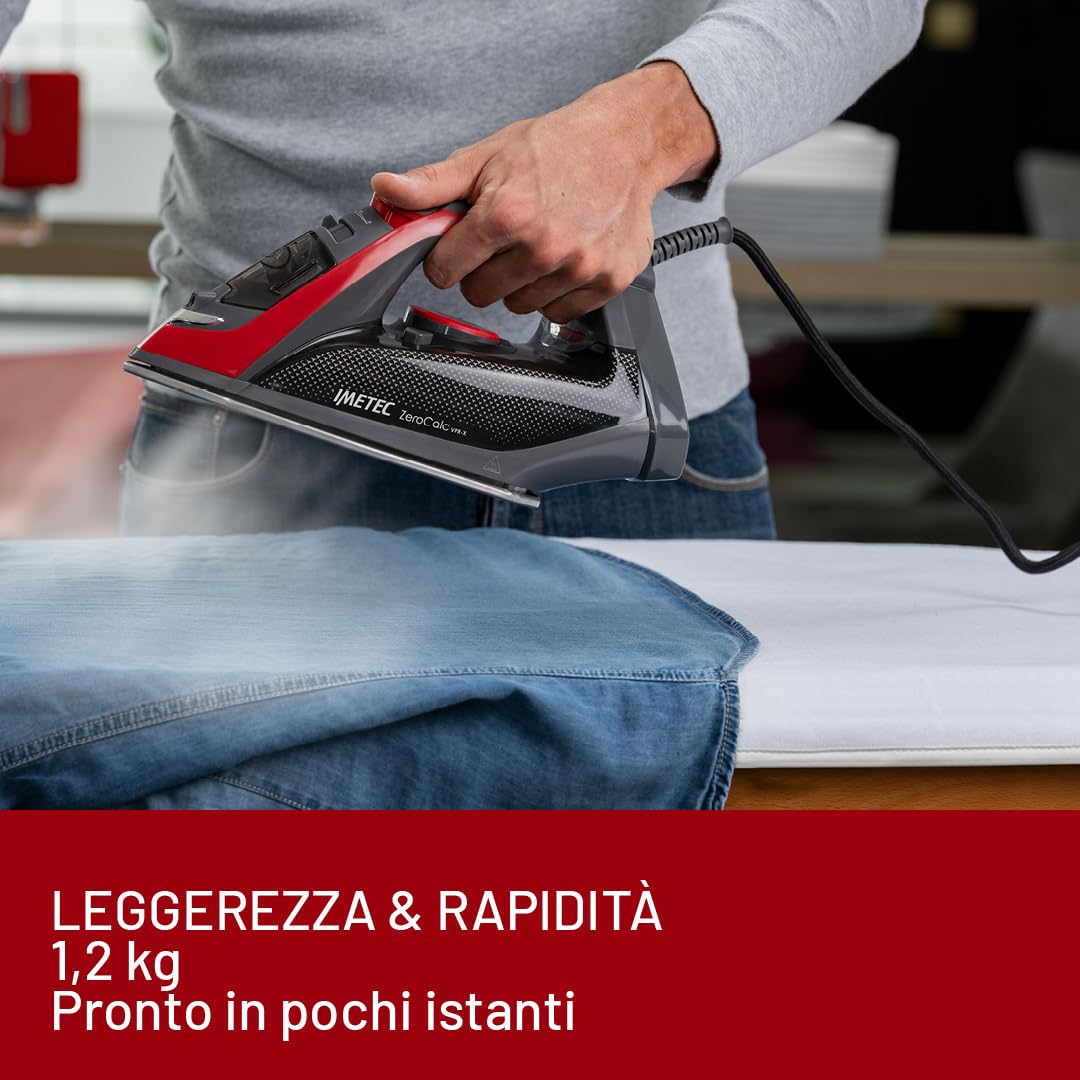 Imetec Zerocalc VPR-X – Ferro da stiro a vapore 2600 W con colpo vapore 220 g, sistema 2X Zerocalc anticalcare, piastra in acciaio satinato con finitura laser e punta di precisione, leggero