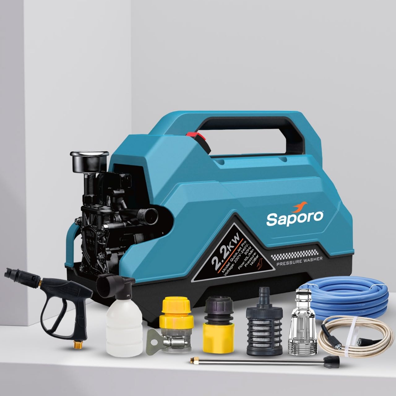 Saporo Quickjet Pro High Pressure Car Washer - Portable with 2200 Watts Motor & Upto 140 Bar, 10 LTR/min Pressure - Auto Stop System - Designed for Home, Car & Bike Cleaning - Includes 9 Accessories-image-23