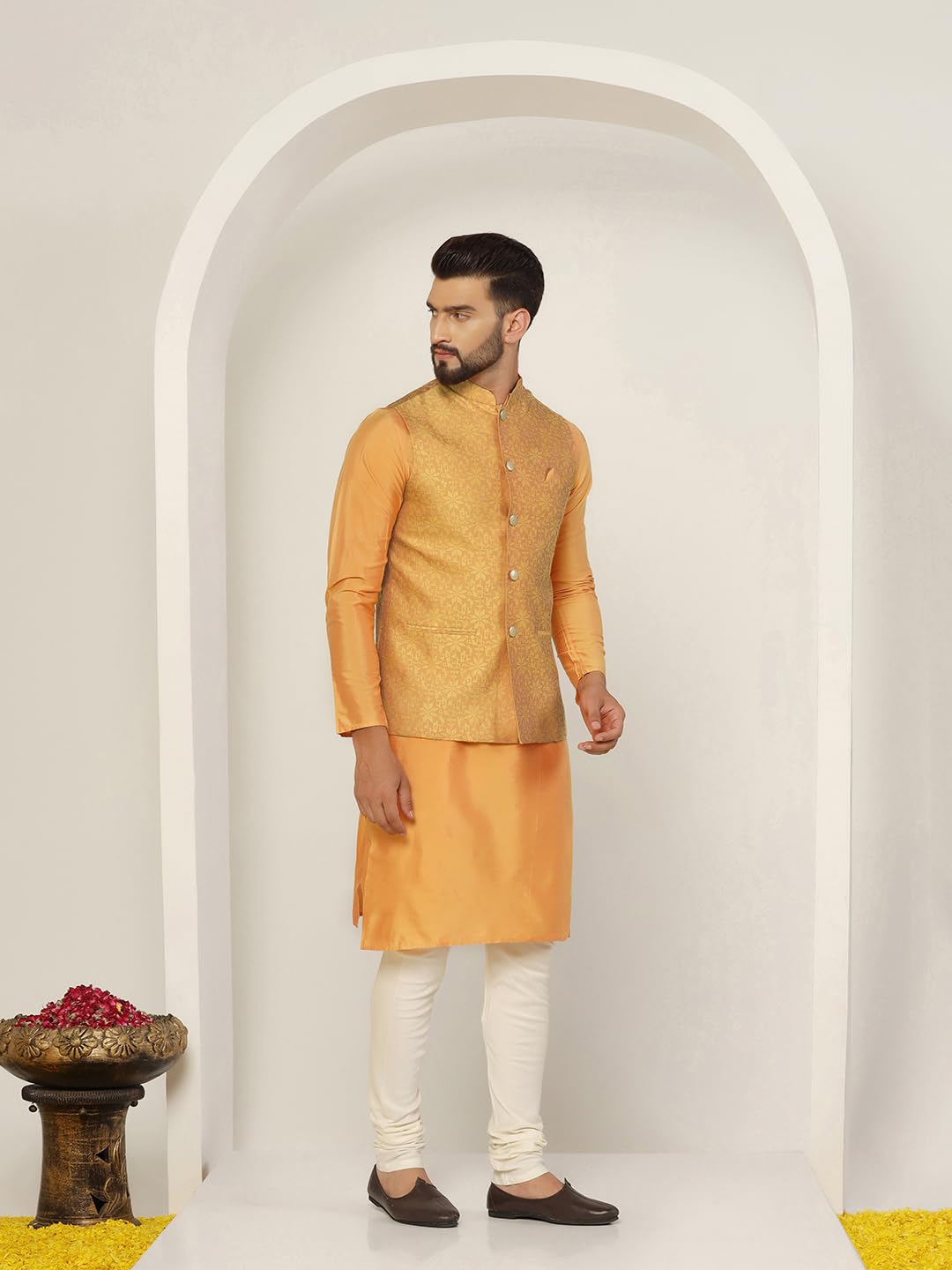 Kisah Men's Kurta Jacket Churidar Set, Mustard Jacquard, Woven Design Long Sleeves Regular Fit Mandarin Collar (L)