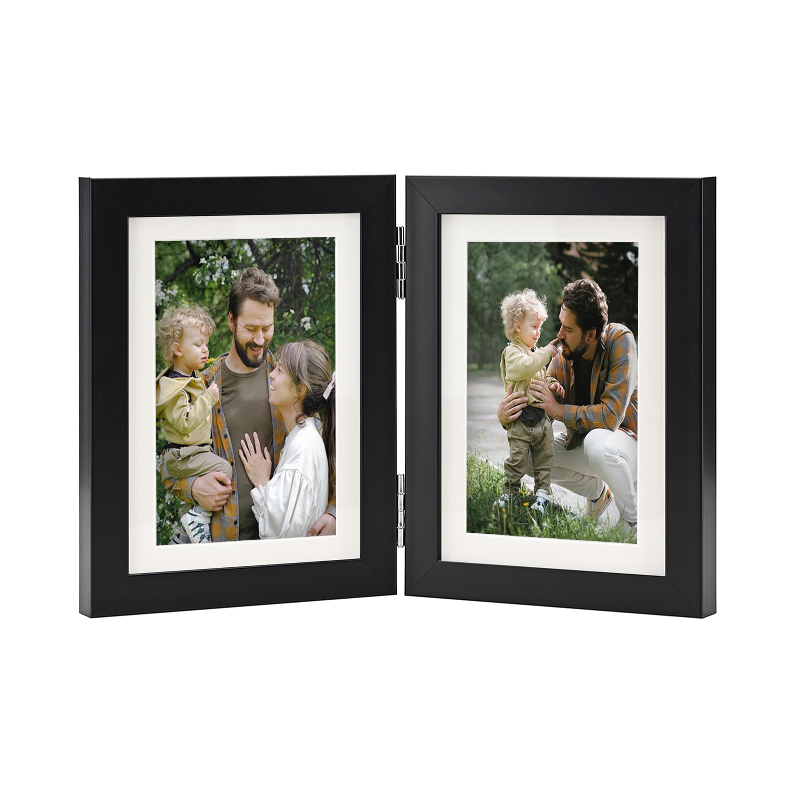 SaZiCat Hinged Double 5x7 Picture Frame, Tempered Glass, for Tabletop Display or Wall Mounted, Fits 4x6 Photos with Mat, Classic Black, For Family