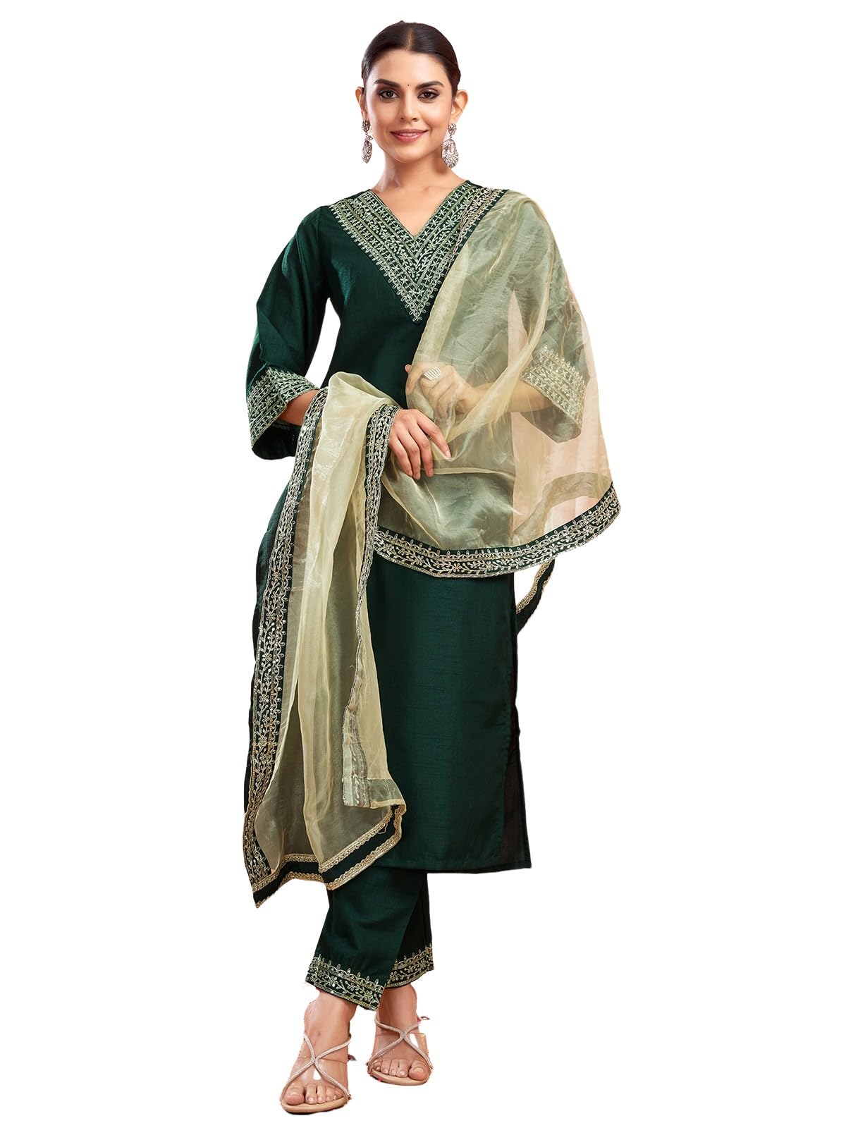 Sanisa Women's Silk Sequence And Embroidery Work Lace Straight Kurta With Pant And Dupatta Set (104Kbd1136Nb-Xl_Dark Green)
