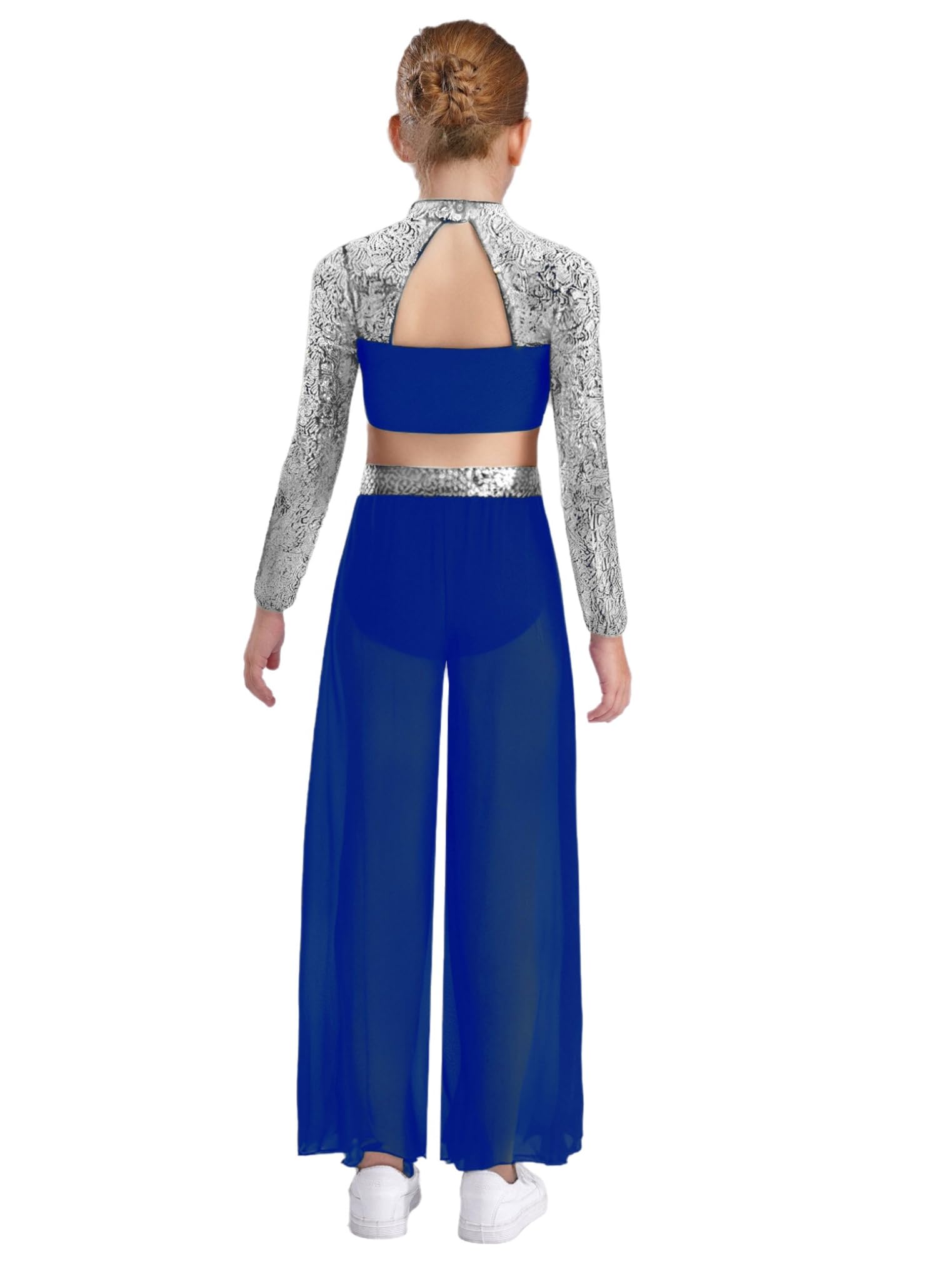 Freebily Costume Danse Latin Jazz Enfant Fille Ensemble Pantalon Évasé et Haut Danse Lyrique Compétition Spectacle Tenue Patinage Artistique Paillettes