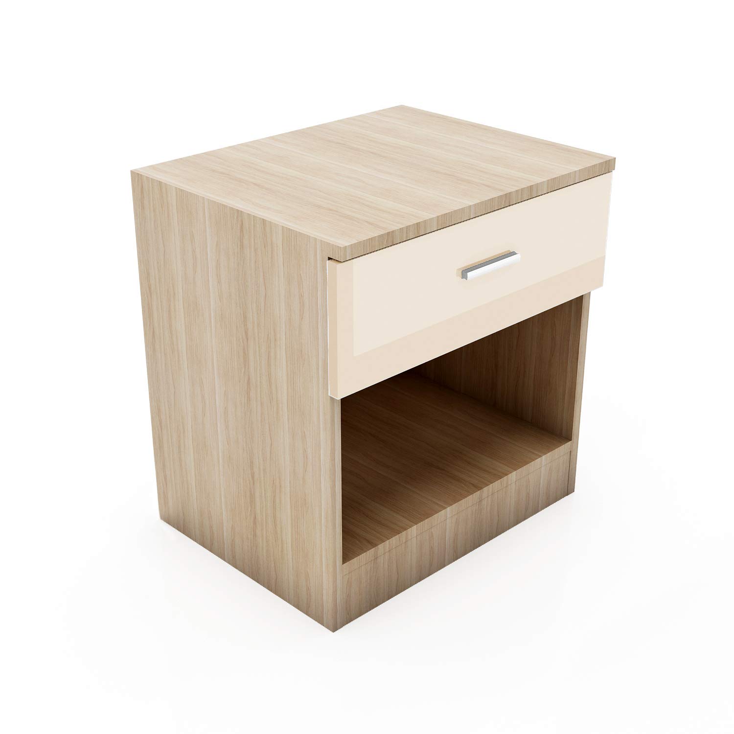 ELEGANT Modern High Gloss Bedside Cabinet Night Stand Storage Shelf with Bin Drawer, for Bedroom or Home Storage Organizer, CREAM/OAK