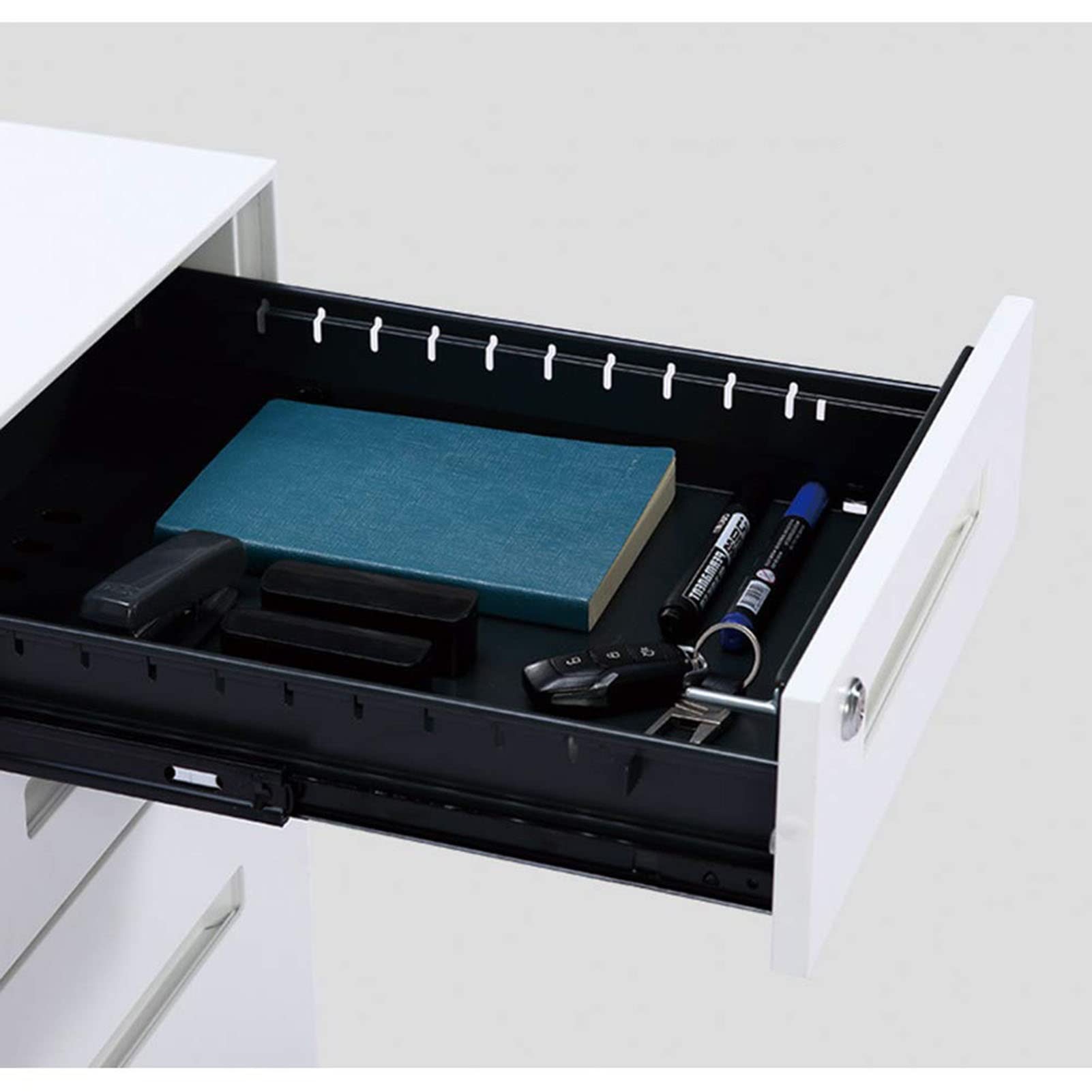 Archivador de metal con cerradura de 3 cajones, organizador de escritorio móvil para recibos A4, diseño antipuntas, caja de almacenamiento de escritorio para oficina y uso doméstico
