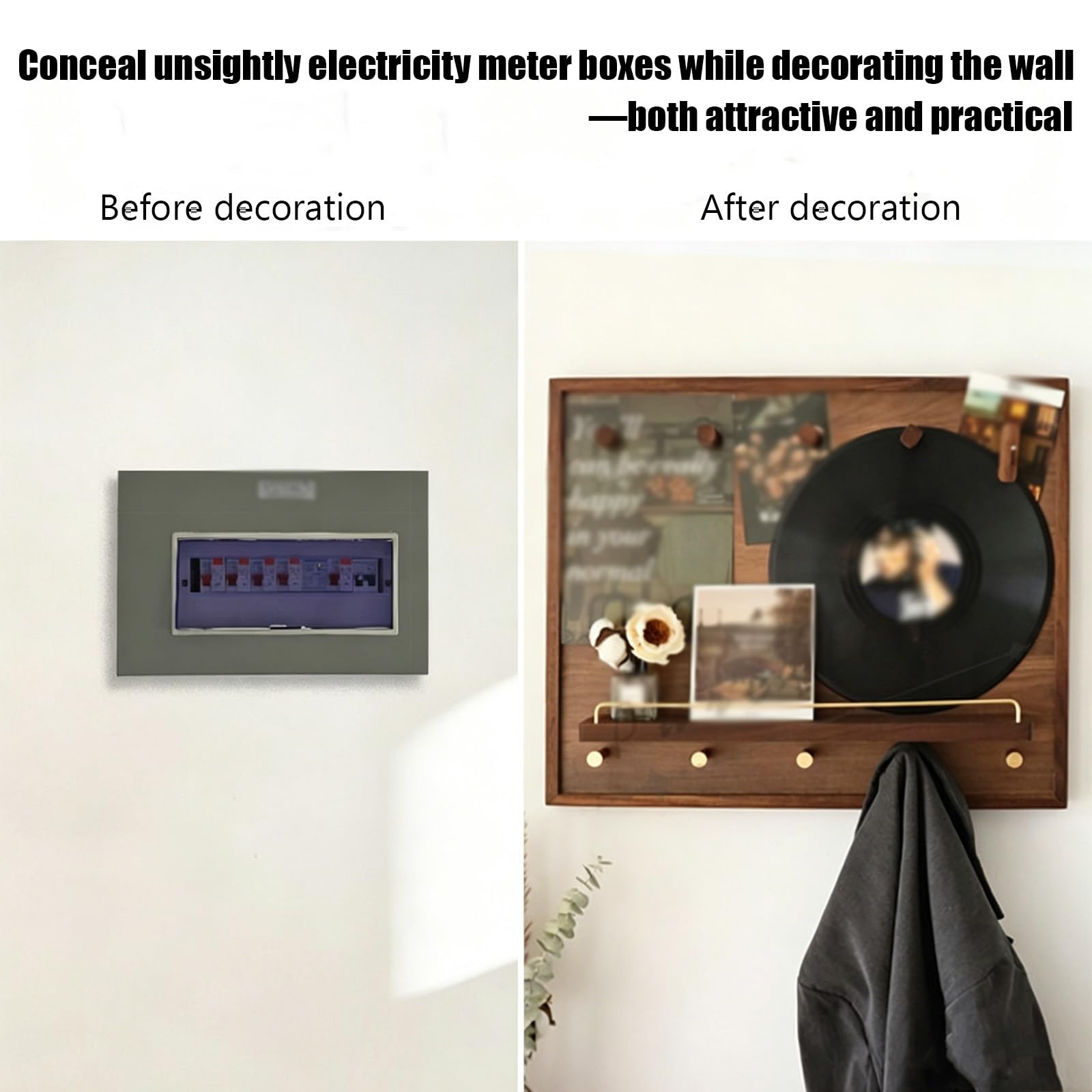 Copertura decorativa quadro elettrico in noce massivo con mensola portaoggetti, copri contatore facile installazione per soggiorno, ufficio e uso domestico(17.7 * 13.8in)