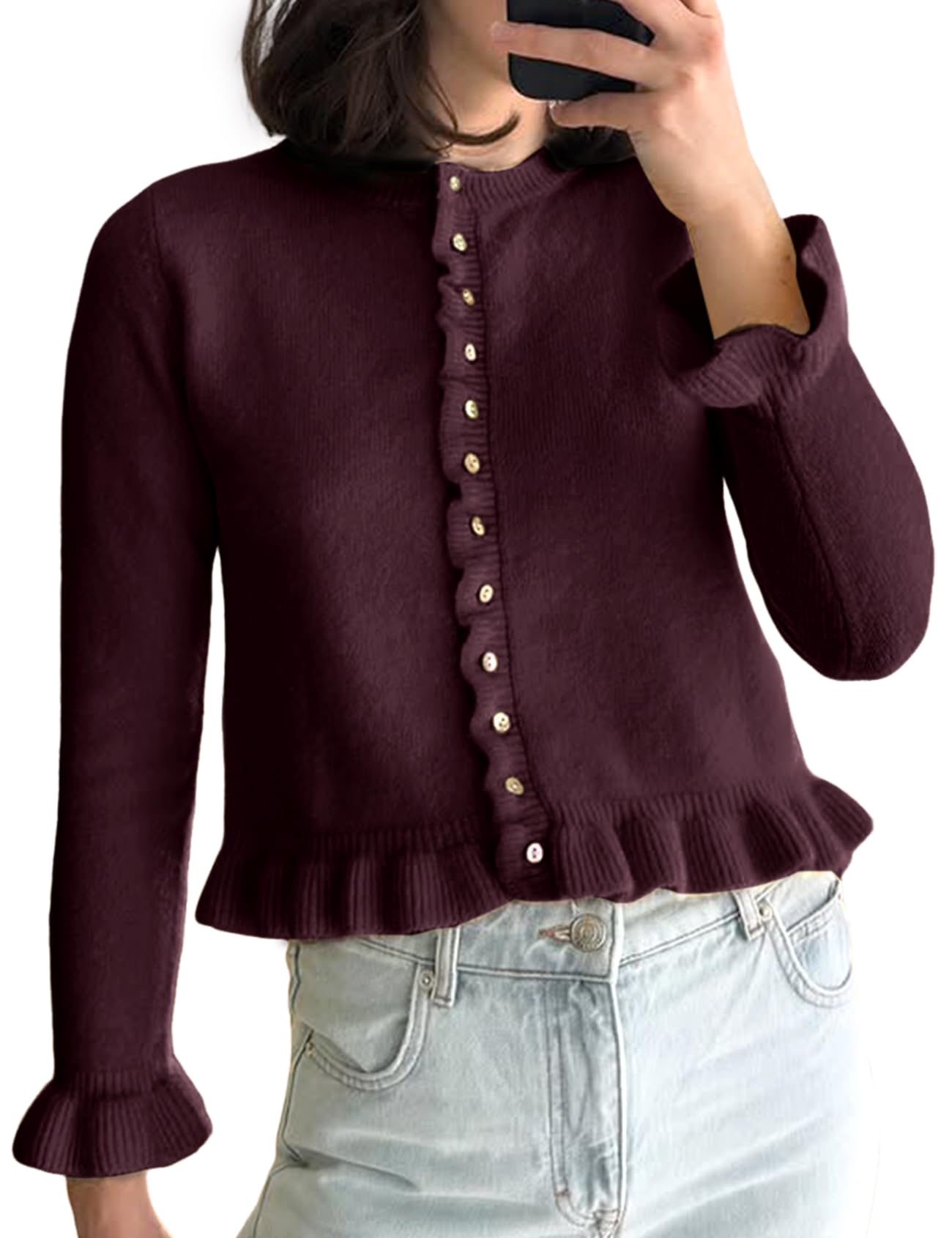 Yimoon Womens Cropped Cardigan Sweater Ruffle Frilly Long Sleeve Button Down Cute Knit Outwear 2025 Trendy
