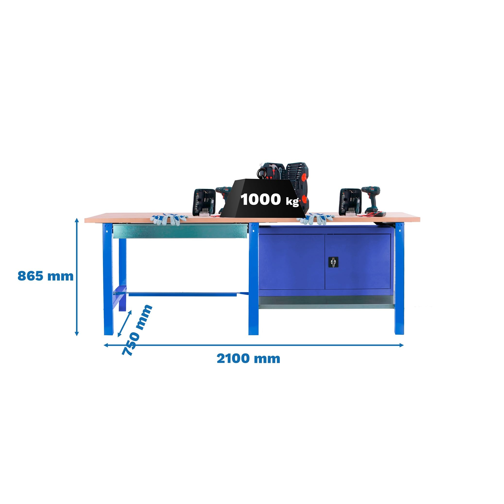 SimonRack Banco de Trabajo Taller Doble, Capacidad Carga 1000 kg, 865x2100x750 mm, 1 Cajón, Guarda Herramientas, Mesa de Trabajo, Azul/Haya - BT6 PRO