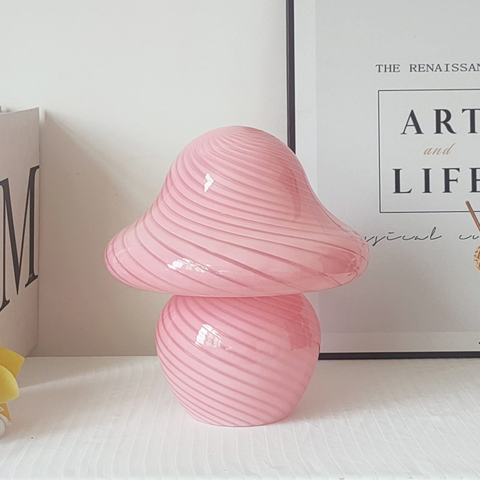 LIBOOIMushroom lamp, Glass Table Lamp Translucent Vintage Style Striped Night Light, 3 Colors Adjustable LED Small Nightlight, Pink Stripes, 16x16x18cm