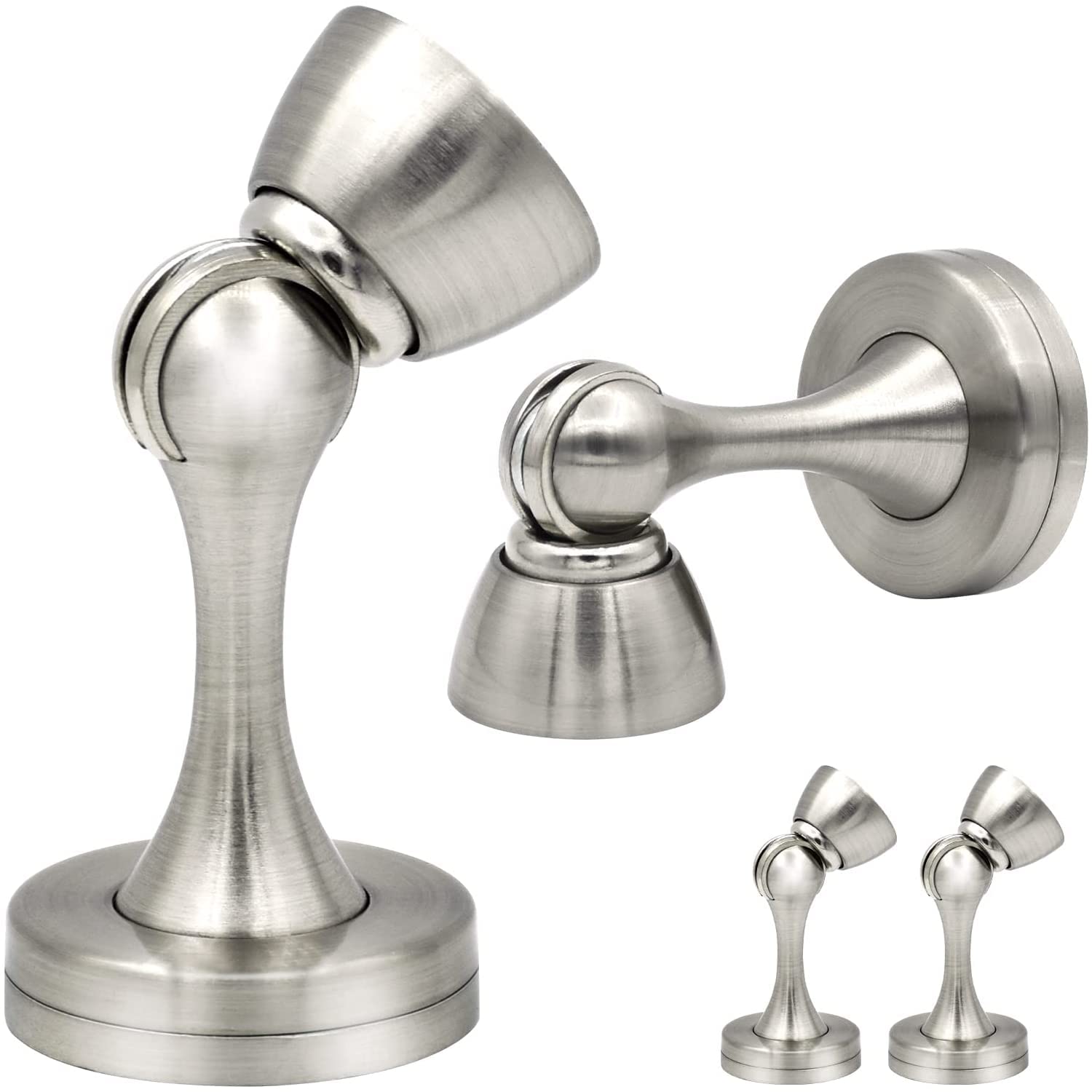 KOLAKO Door Stoppers, Magnetic Door Stop Stainless Steel Soft Catch Door Stopper Magnetic Wall Floor Mount Brushed Nickel Magnetic Door Holder Catch Heavy Duty Magnetic Doorstops 4 Pack, Silver