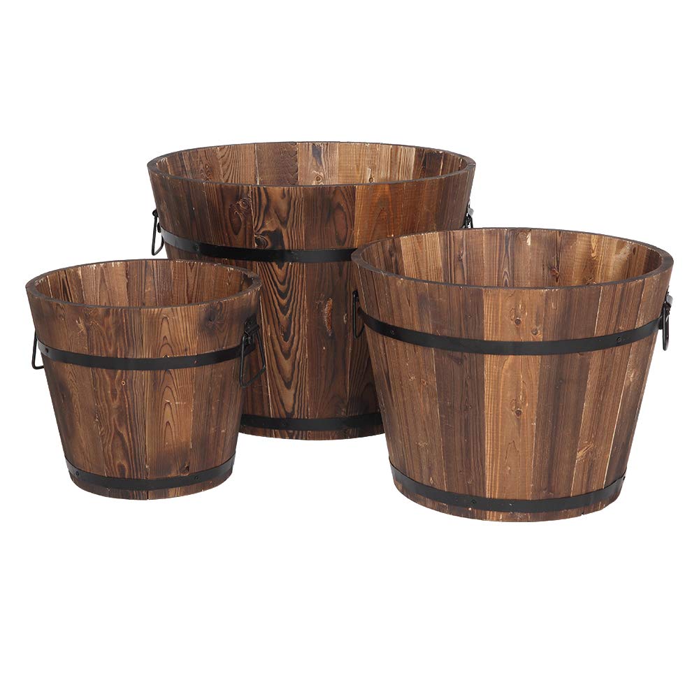 BNSPLY 3 Pcs Wooden Planter Barrel Set, Outdoor Flower Pots with Handle & Drainage Holes, Rustic Whiskey Barrel Planter for Plants, Herbs, Veggies,