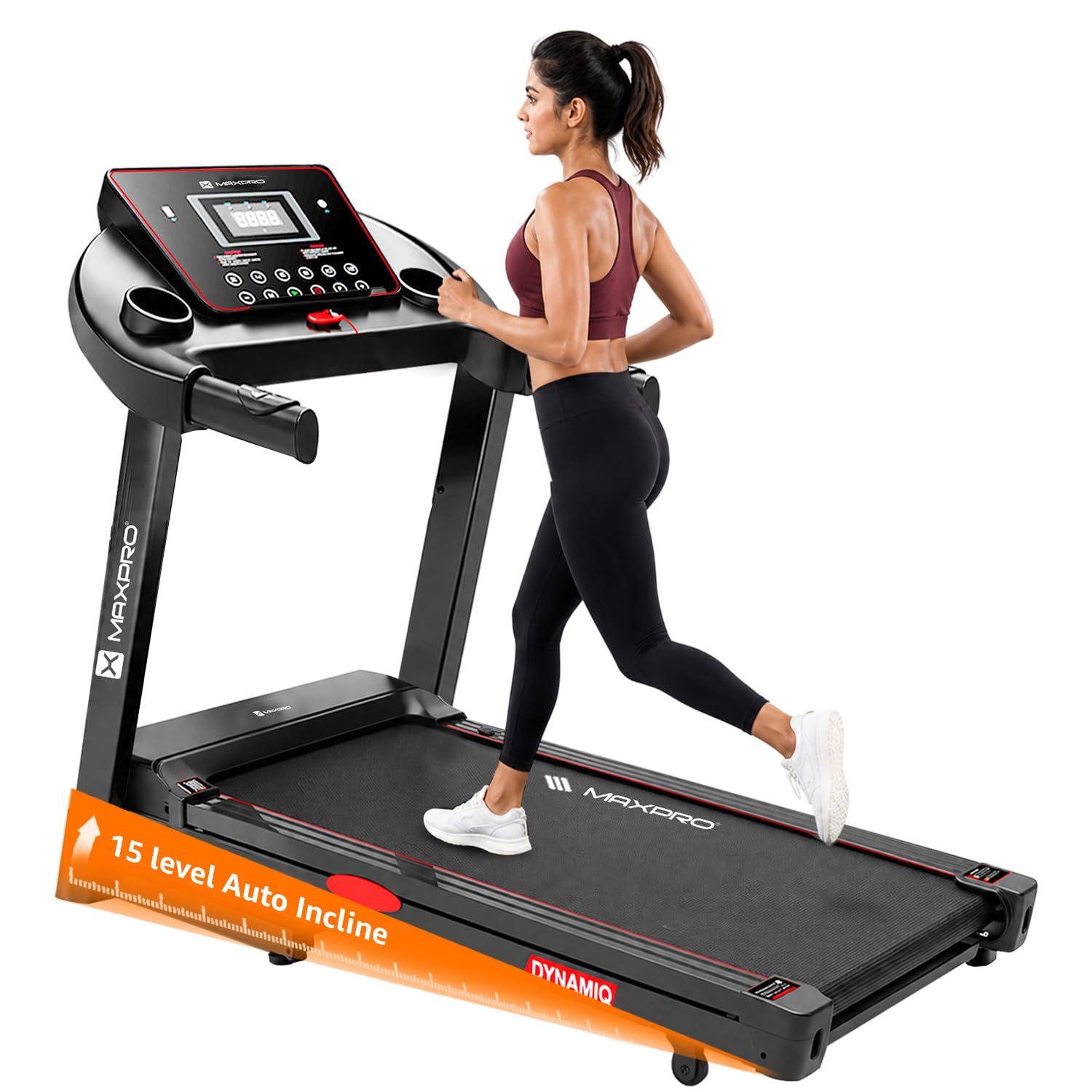 maxpro dynamiq 5.5 hp peak bldc motor |18km/h speed |15 level motorized incline |bluetooth speaker |130kg user weight |auto lubrication | auto incline hydraulic foldable treadmill for home use