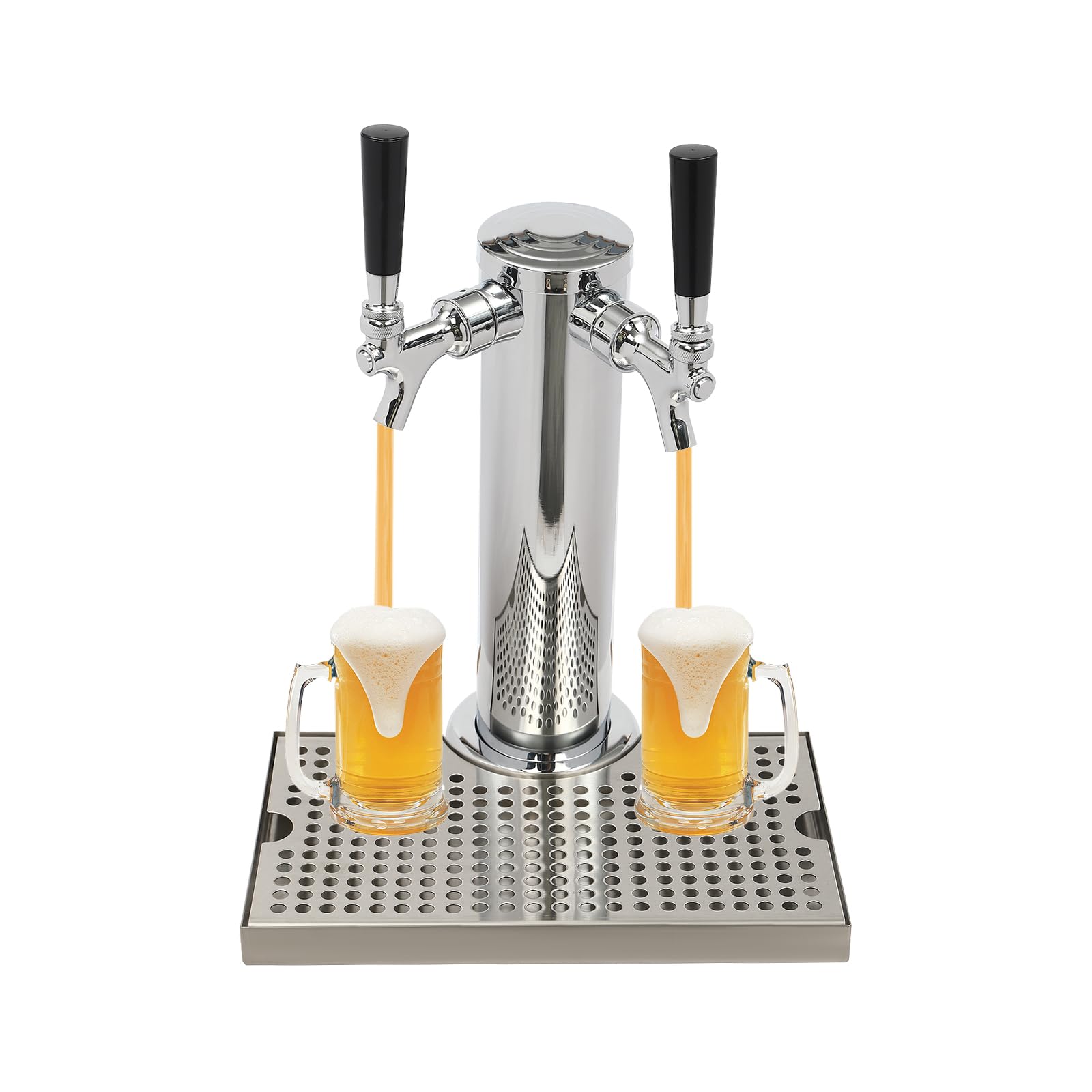 Acero inoxidable cerveza grifo surtidor,columna redonda doble grifo dispensador de bebidas con bandeja de goteo extraíble de acero inoxidable