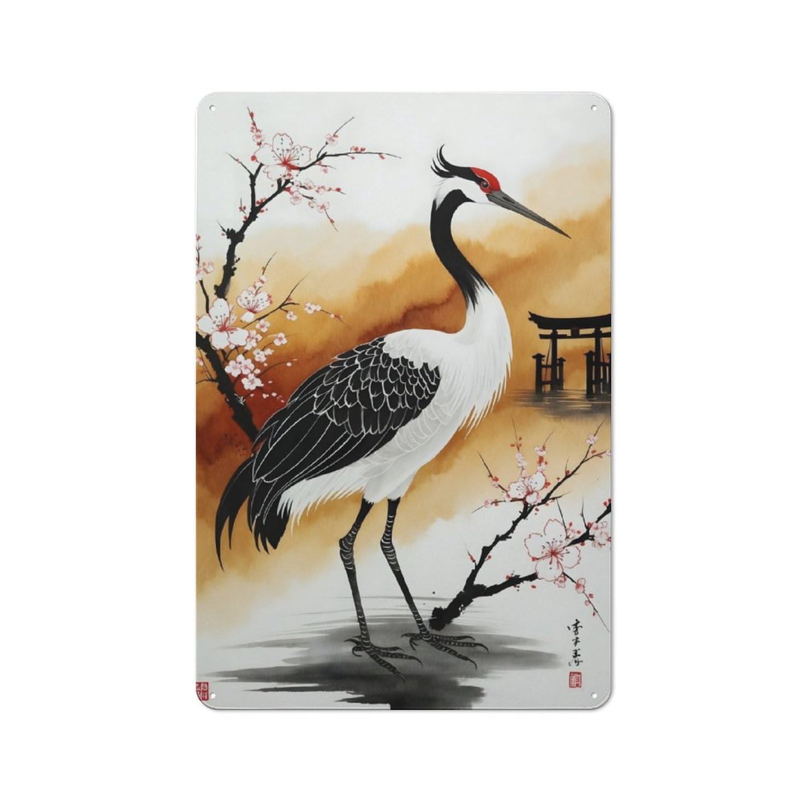 Junmoney Japan Painting Crane Bird For Garden Room Or Summerhouse, Vintage Tin Sign 30X20cm, A Metal Wall Feature For Garden Rooms And Summerhouses