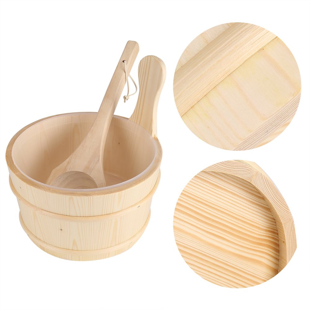 Garosa Cubo y Cucharón de Sauna, Juego de Sauna de Madera Accesorios Cubo de Agua de Pino Natural Kit de Baño Cubo de Sauna con cucharón de Madera Sauna Accesorios para Sauna Vapor baño