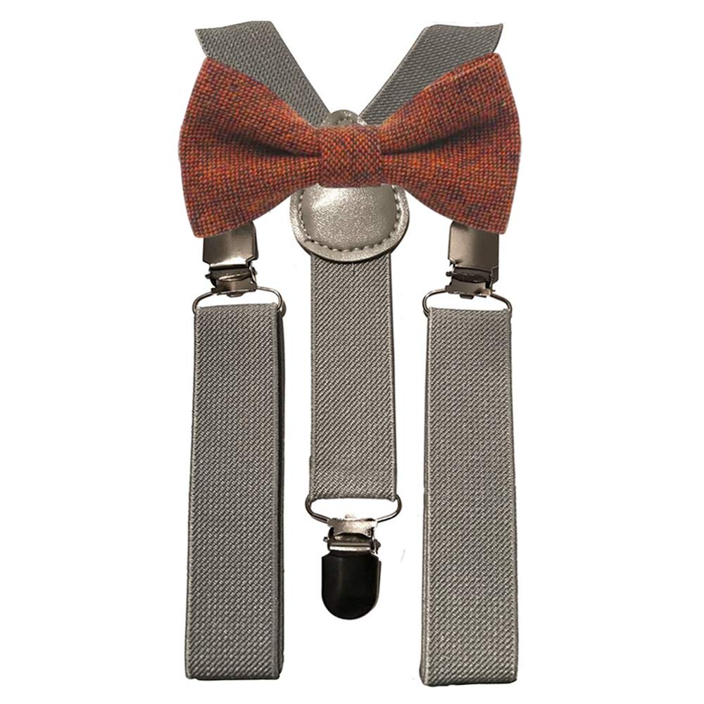 Db Dickie Bow Boys Burnt Orange Children's Kids Wool Pre-Tied And Elasticated Bow Tie & Grey Braces Set (Burnt Orange) - Suitable For Formalwear, Weddings, Parties, Page Outfits