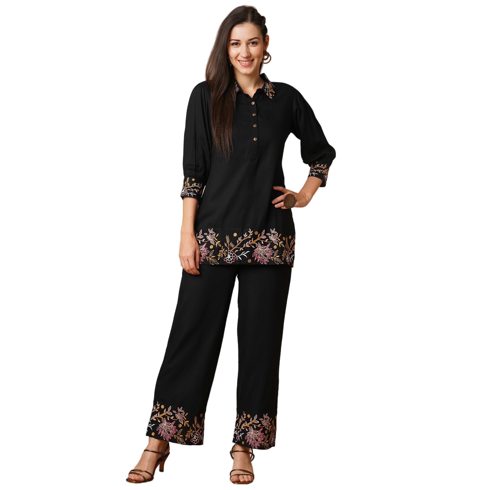 Women Notch Lapel Floral Print Belted Tunic with Partially Elasticated Mid-Rise Wide Leg Pants Fusion Co-Ord Set