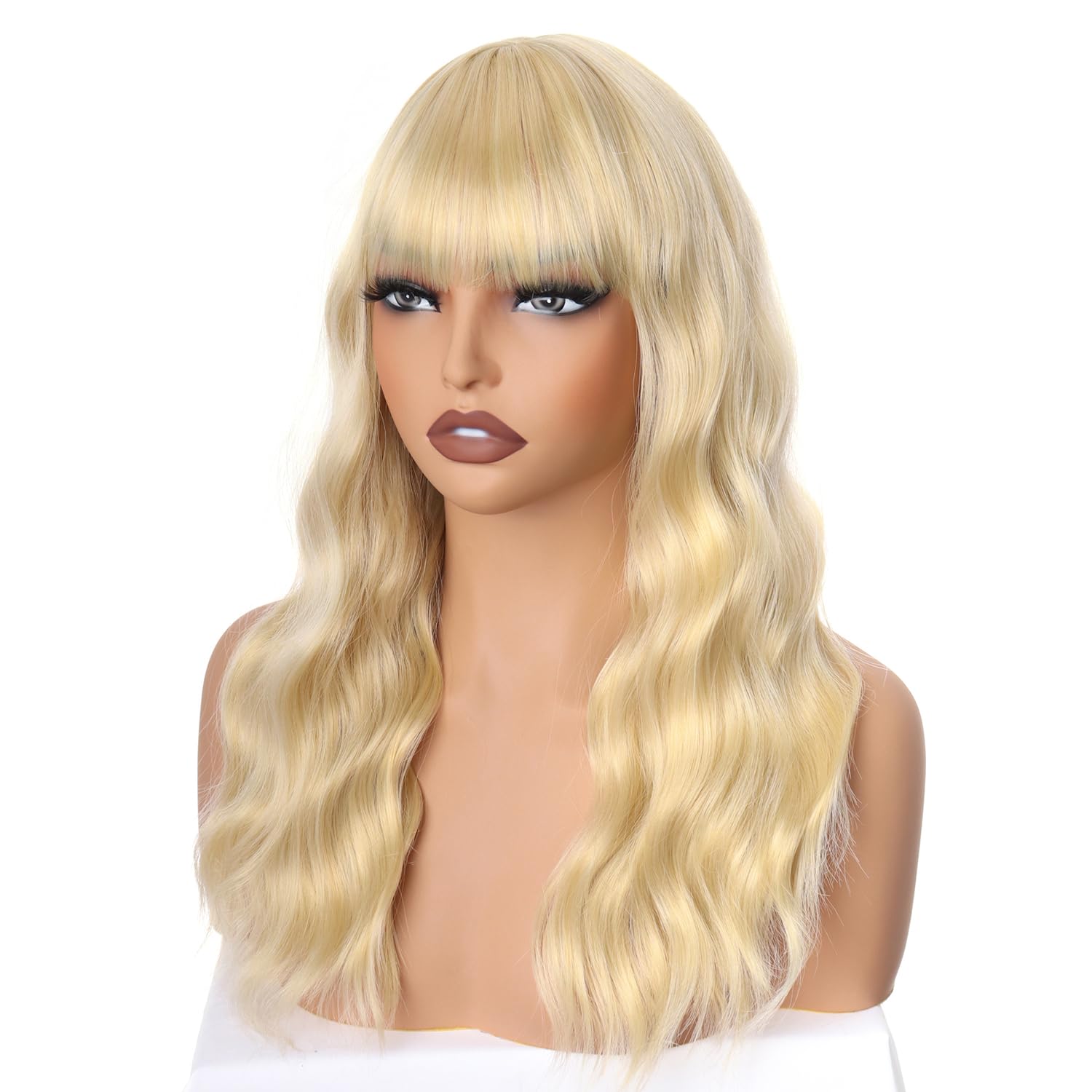 PORSMEER 18 inch Long Blonde Wavy Wig with Fringe for Women Ladies Shoulder Length Curly Heat Resistant Synthetic Natural Hair Wig for Daily Use or Cosplay Halloween Party - Image 3