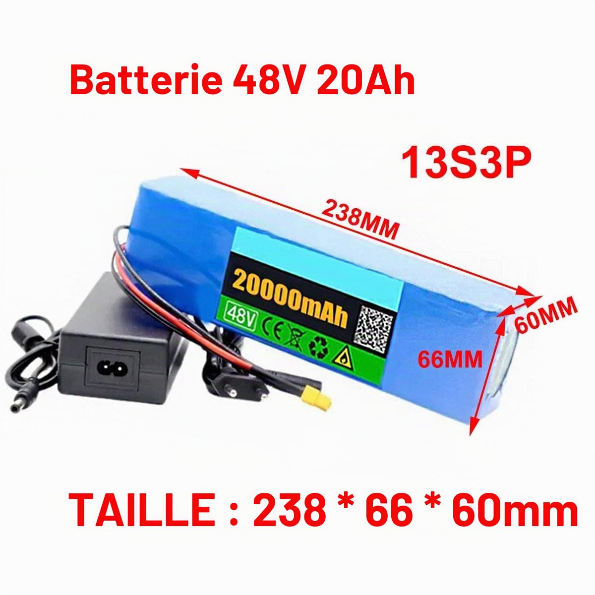 Batterie Trottinette Électrique 48V 20Ah pour Scooter Vélo Électrique Protection BMS 13S3P pour Kit De Conversion 200W 350W 500W 800W avec Chargeur